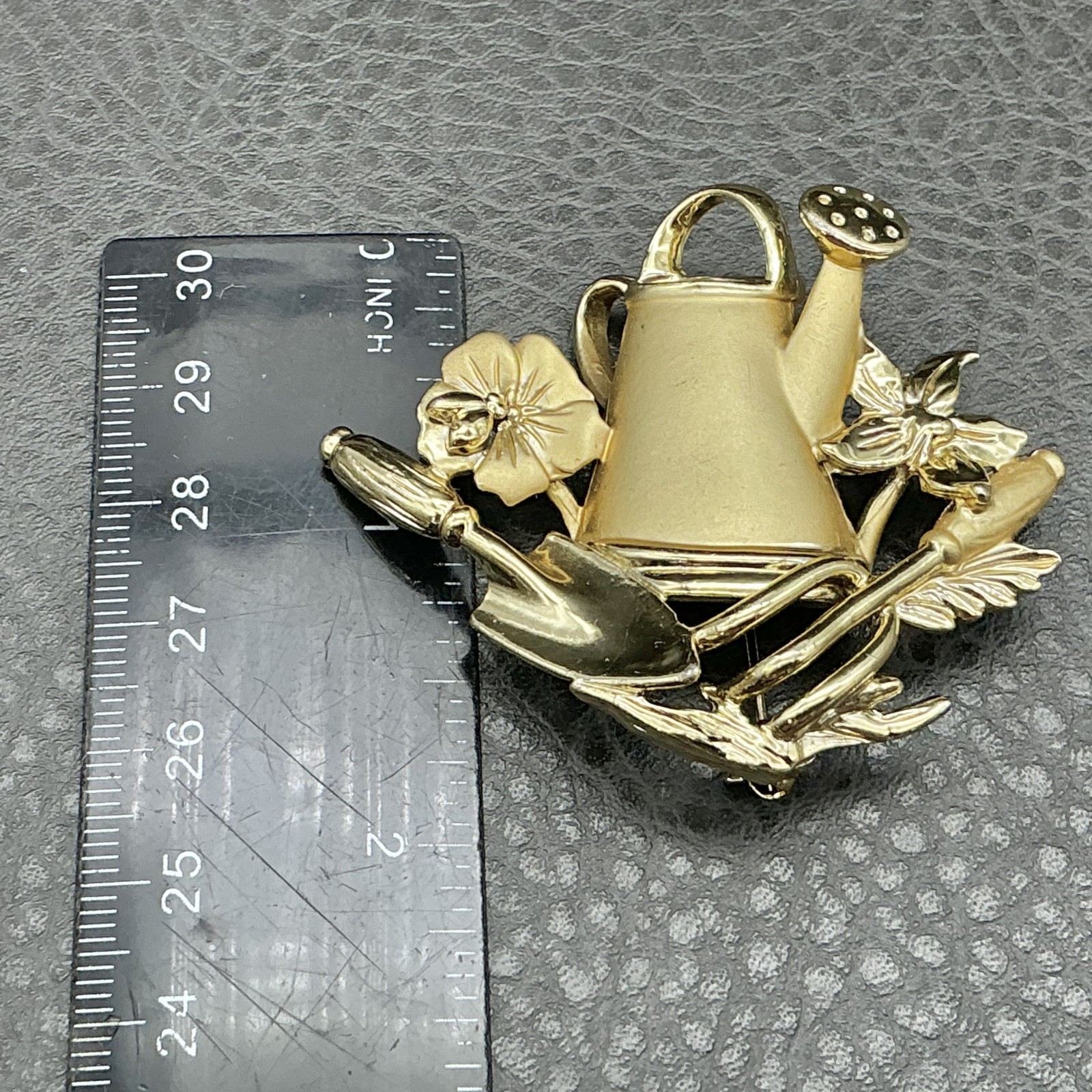 Vintage AJC Brooch Gardening Tools Flowers Watering Can Gold Tone 2 Inch Pin