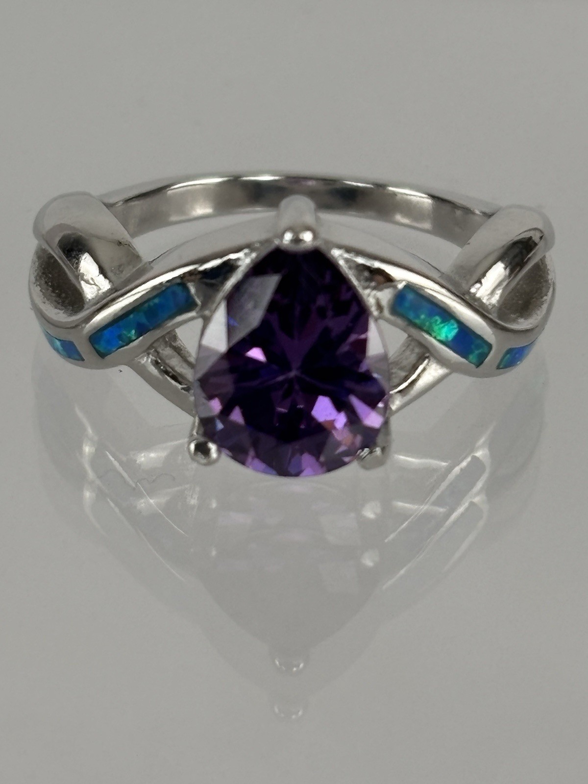 Sterling Silver Teardrop Amethyst & Blue Opal Set Ring Size 8