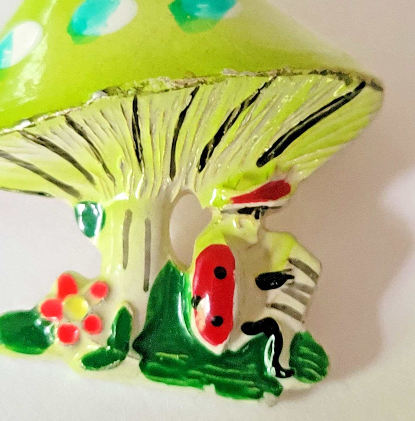 Vtg Painted Mushroom Brooch 3D Pin Man playing Accordion Signed Korea Whimsical