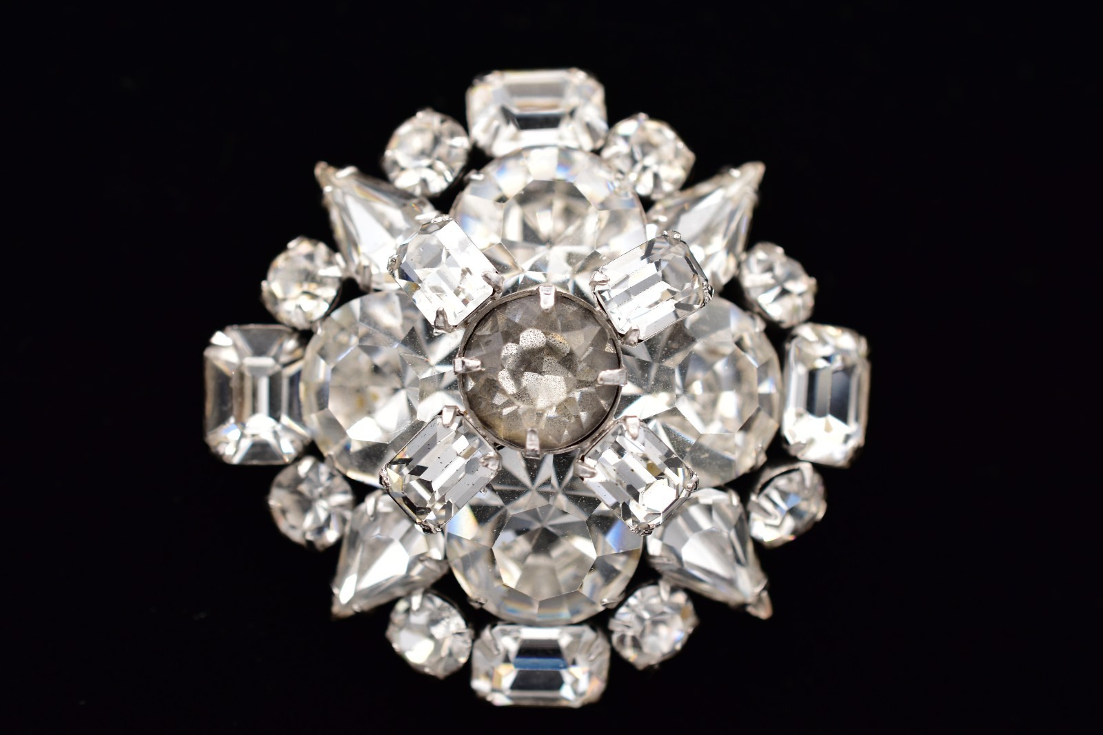 Vintage Clear Rhinestone Cluster Brooch Pin Silver Prong Baguette Crystal BinBP