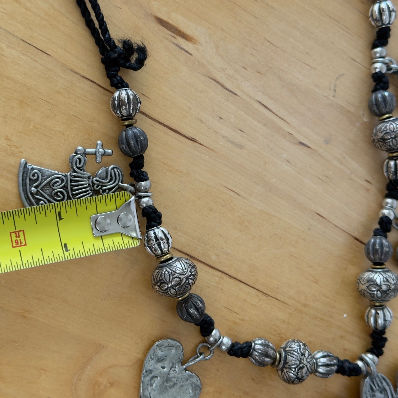 Vintage Signed MARCIE Beaded Pewter 3 Angels Cord Necklace Faith, Hope & Charity