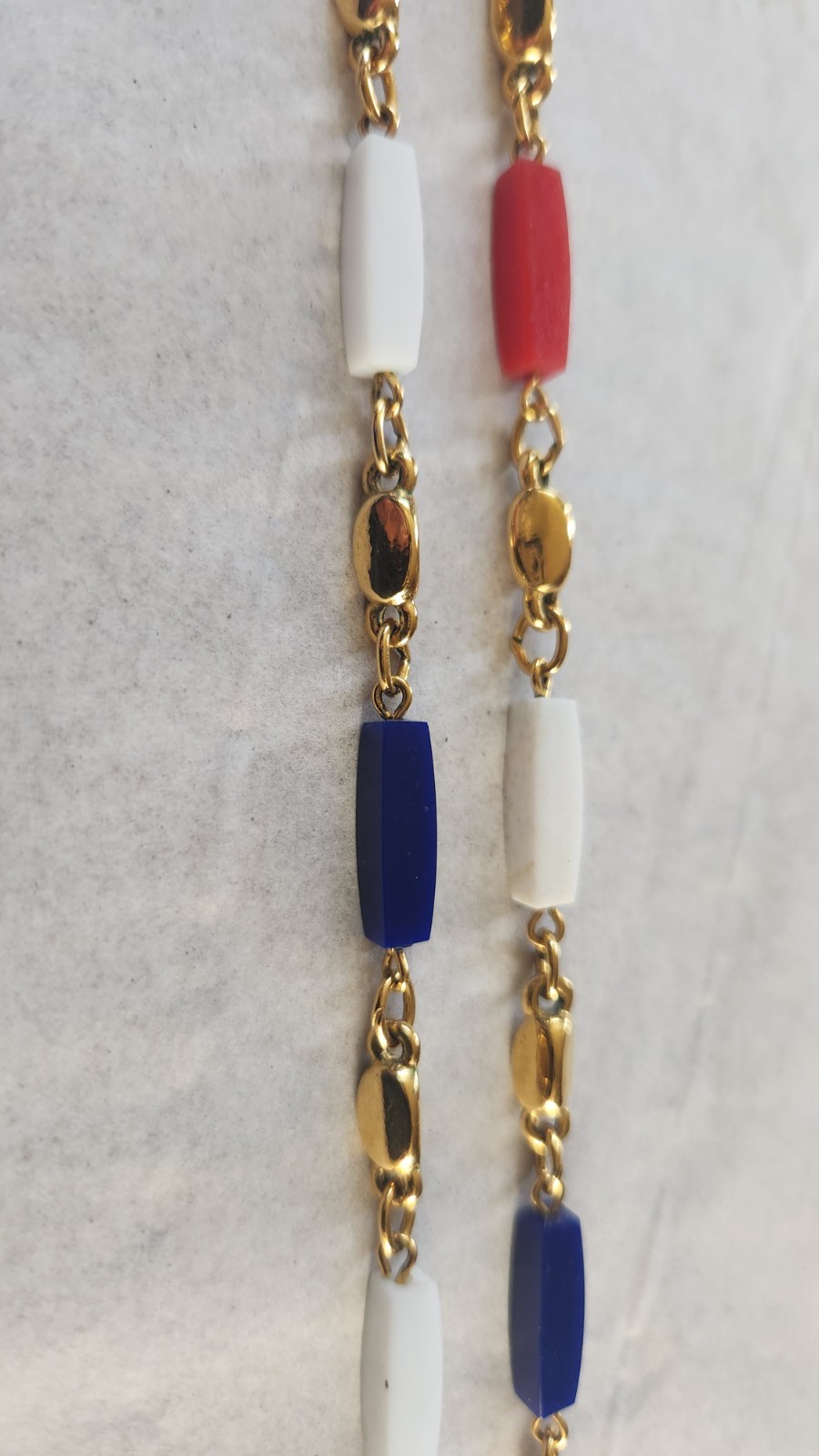Trifari Necklace Clip On Earrings gold-tone Red, White & Blue Plastic Beads