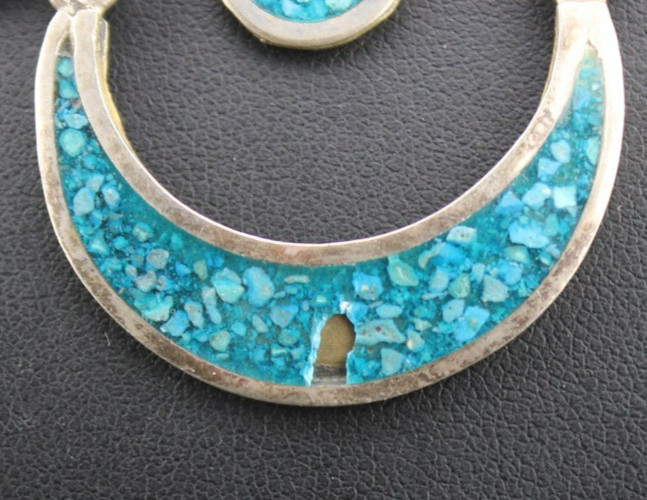 Vintage Turquoise Chip Inlay Mexico Nickel Silver Moon Chandelier 14″ Necklace