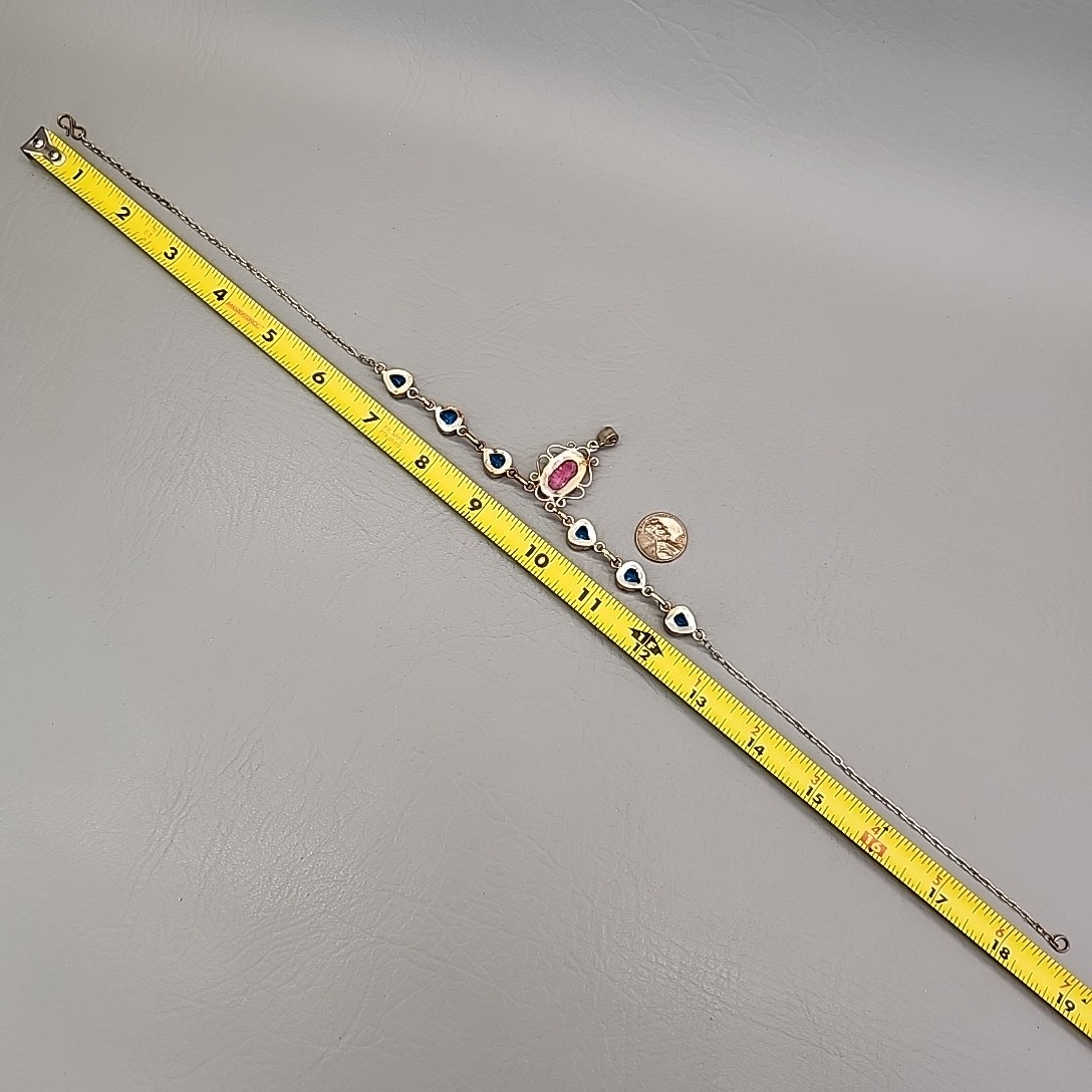 Vintage Glass Bead Necklace Blue Beads Pink Quartz Artisan Silver Tone 18.75″