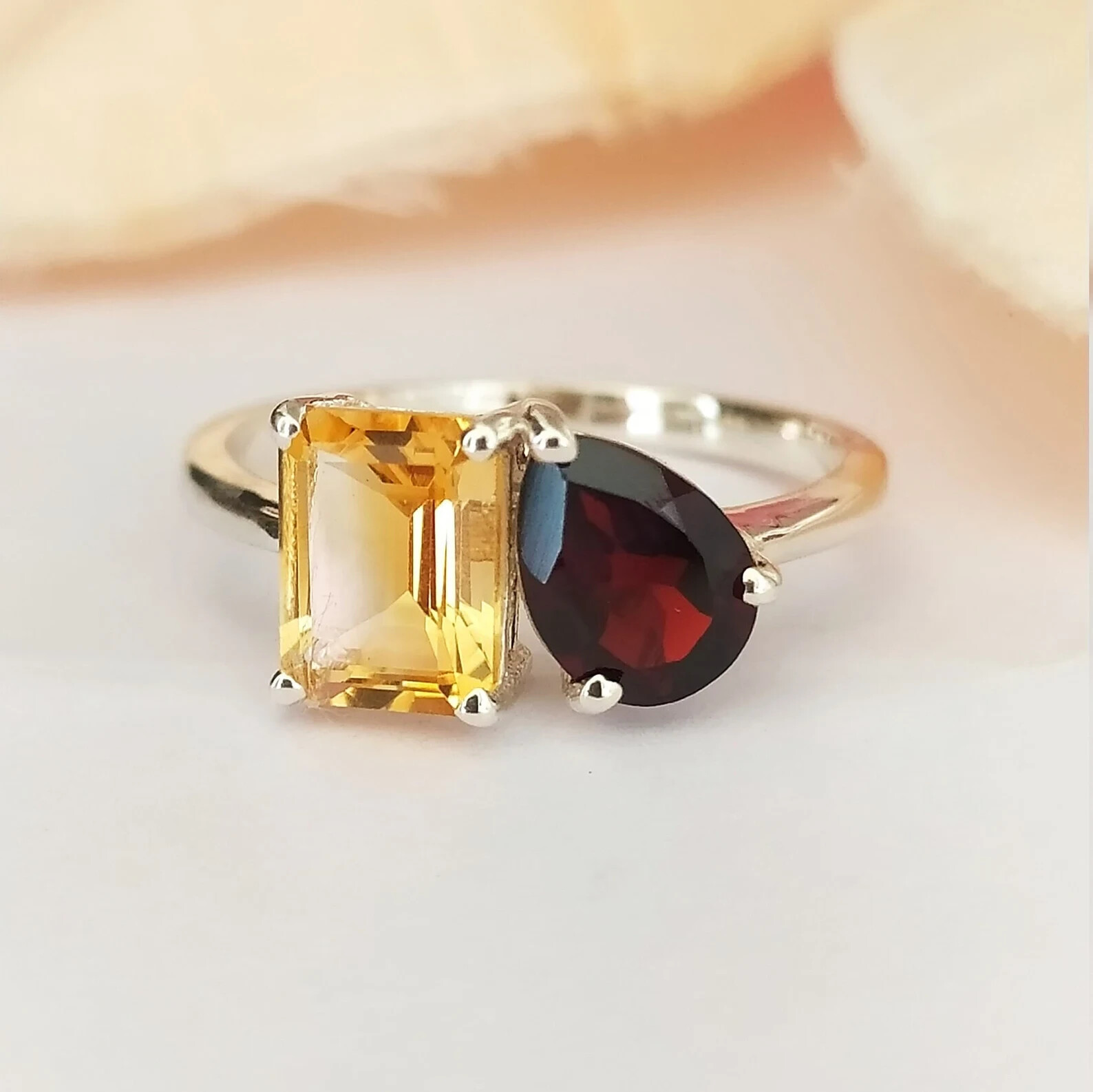 14K White Gold Plated Emerald and Pear Cut Lab Created Citrine & Garnet Ring