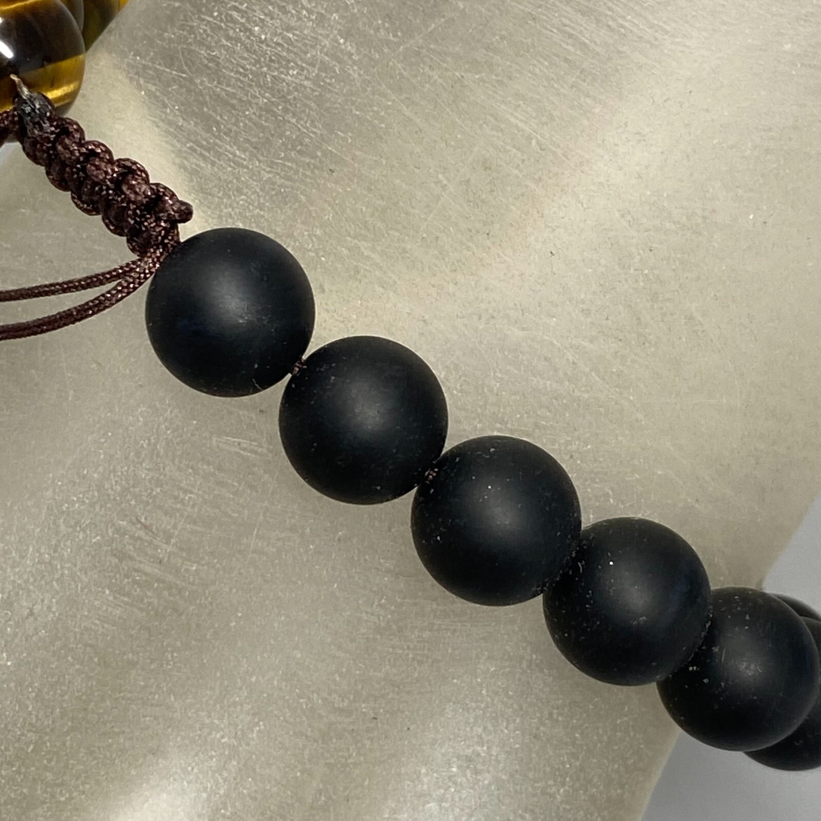 Mixed Stone Bracelet Gold Tigers Eye Black Matte Beads Buddha Head Slide 7-8″