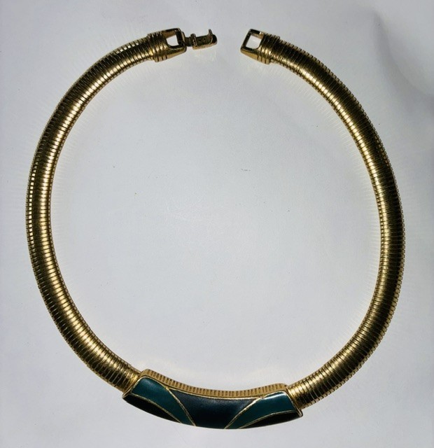 Vintage Trifari Gold Tone Choker with Jade and Black Accent; Signed
