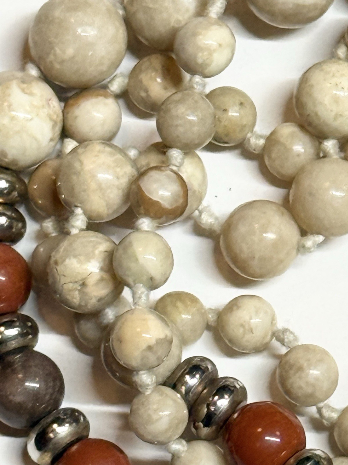 Vintage Hand Knotted Beaded Necklace Graduated Stone Beads 32″ Long Earthtone