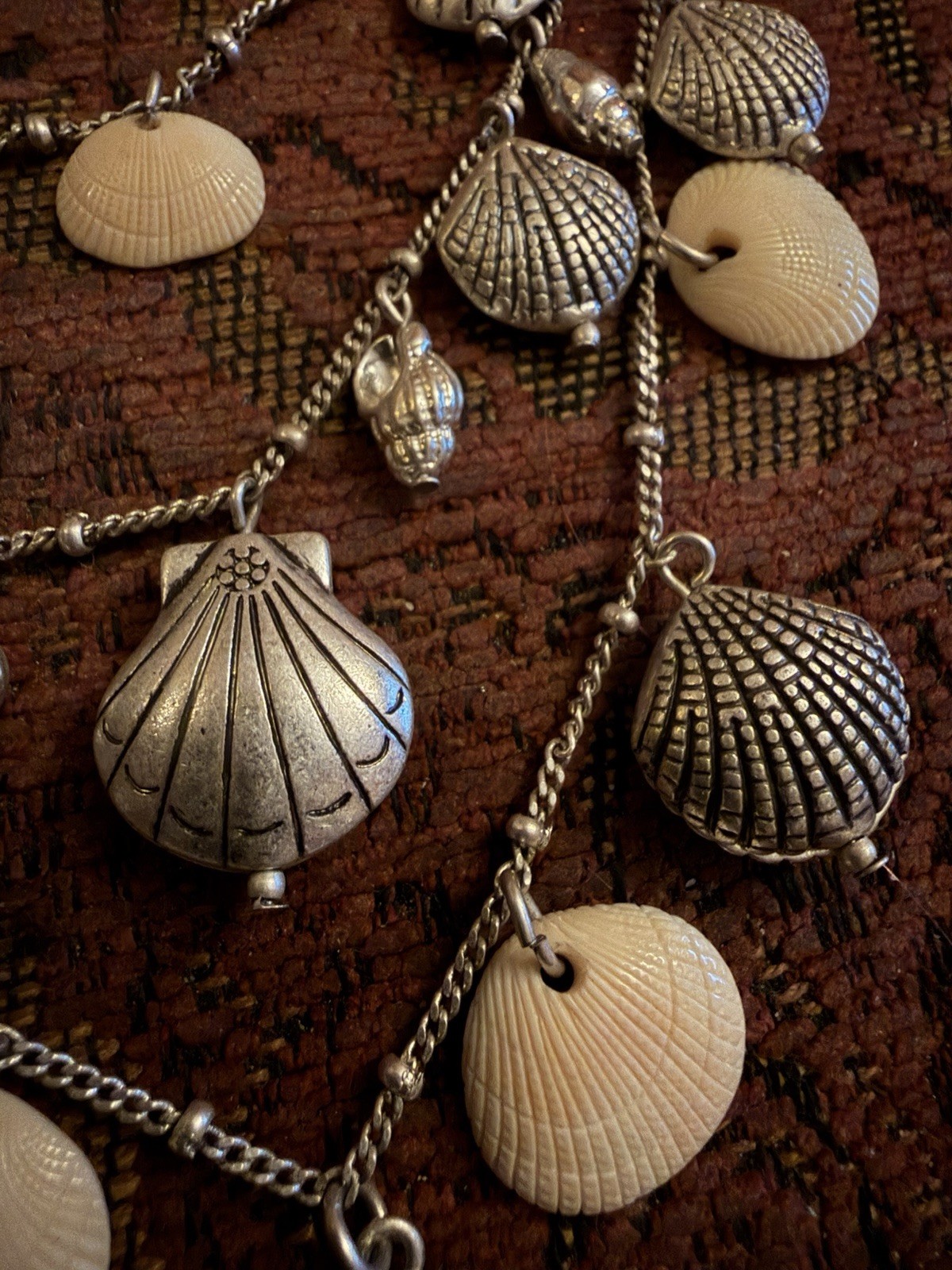 Vintage Silver Tone Multi Chain Metal And Natural Shell 3 Tier Necklace. 18in