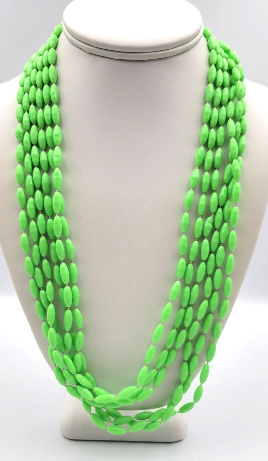 Vintage Lime Green 3 Strand Plastic Bead Necklace Hong Kong Long 50″