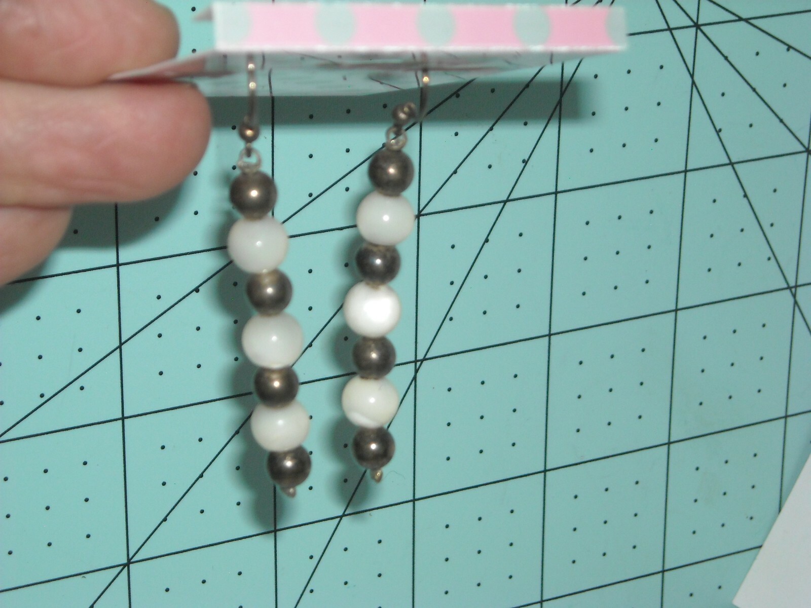 vintage sterling silver mother of pearl hand made dangle earrings 70’s almost 2″