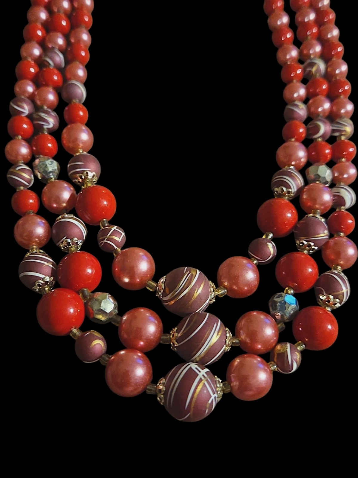 1950’s Japan 3 Strand 21″ Graduated Lucite Beads Necklace Red Purple Pink Signed