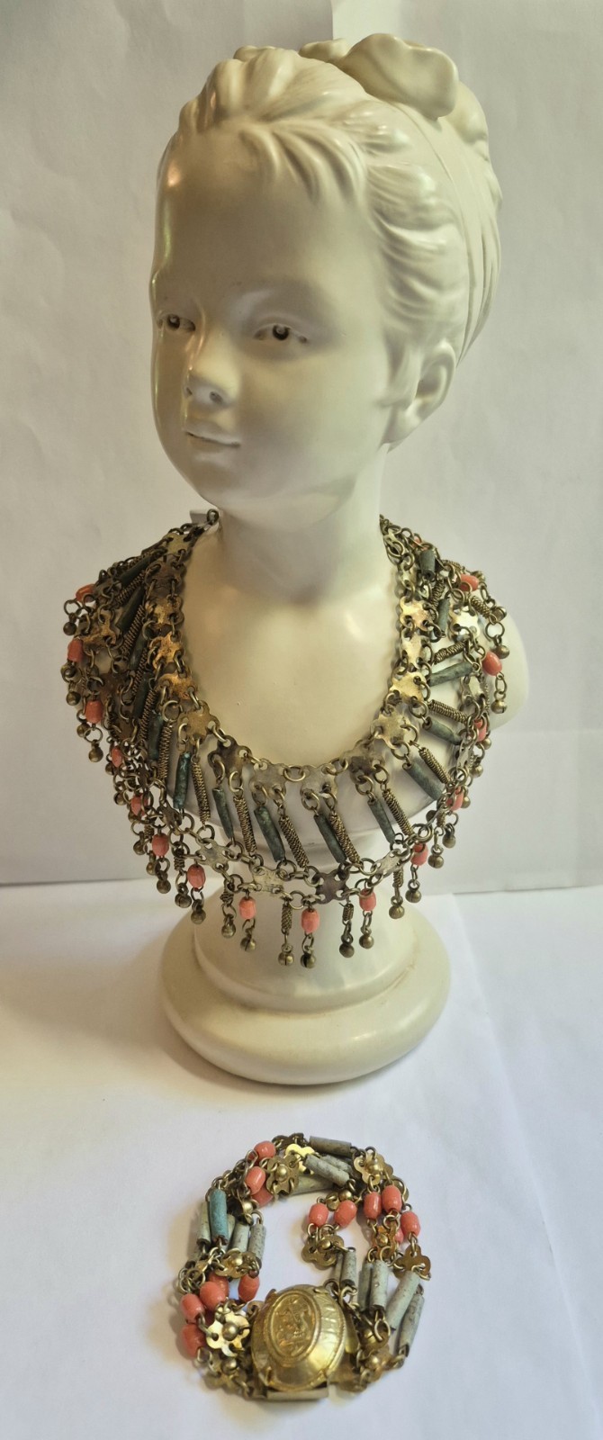 Vintage Egyptian Revival Faience Style Bib Necklace & Bracelet Brass Tone READ