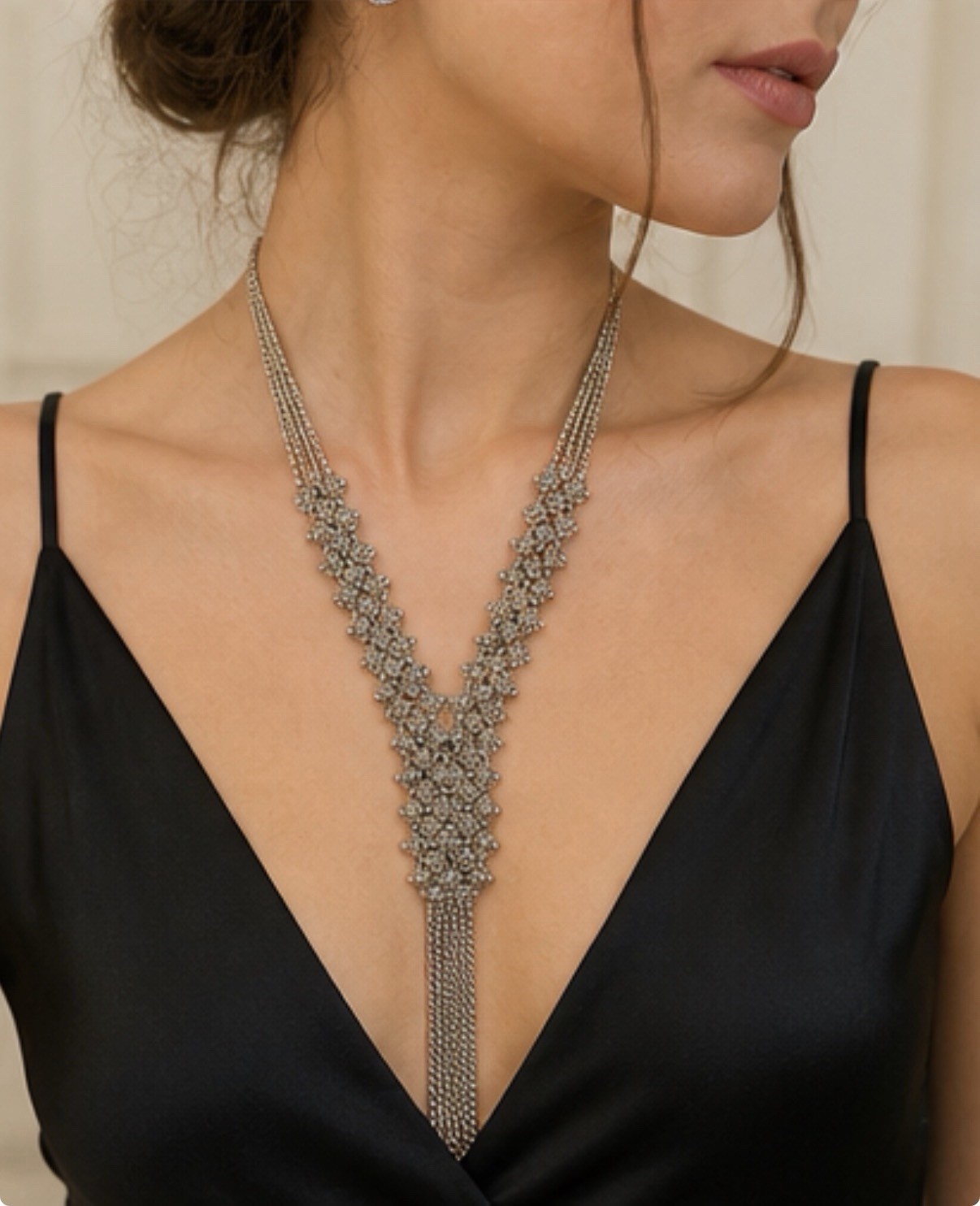 Vintage Silver Tone Statement Bib Necklace Tassel Fringe Cluster Bead Glam 70s