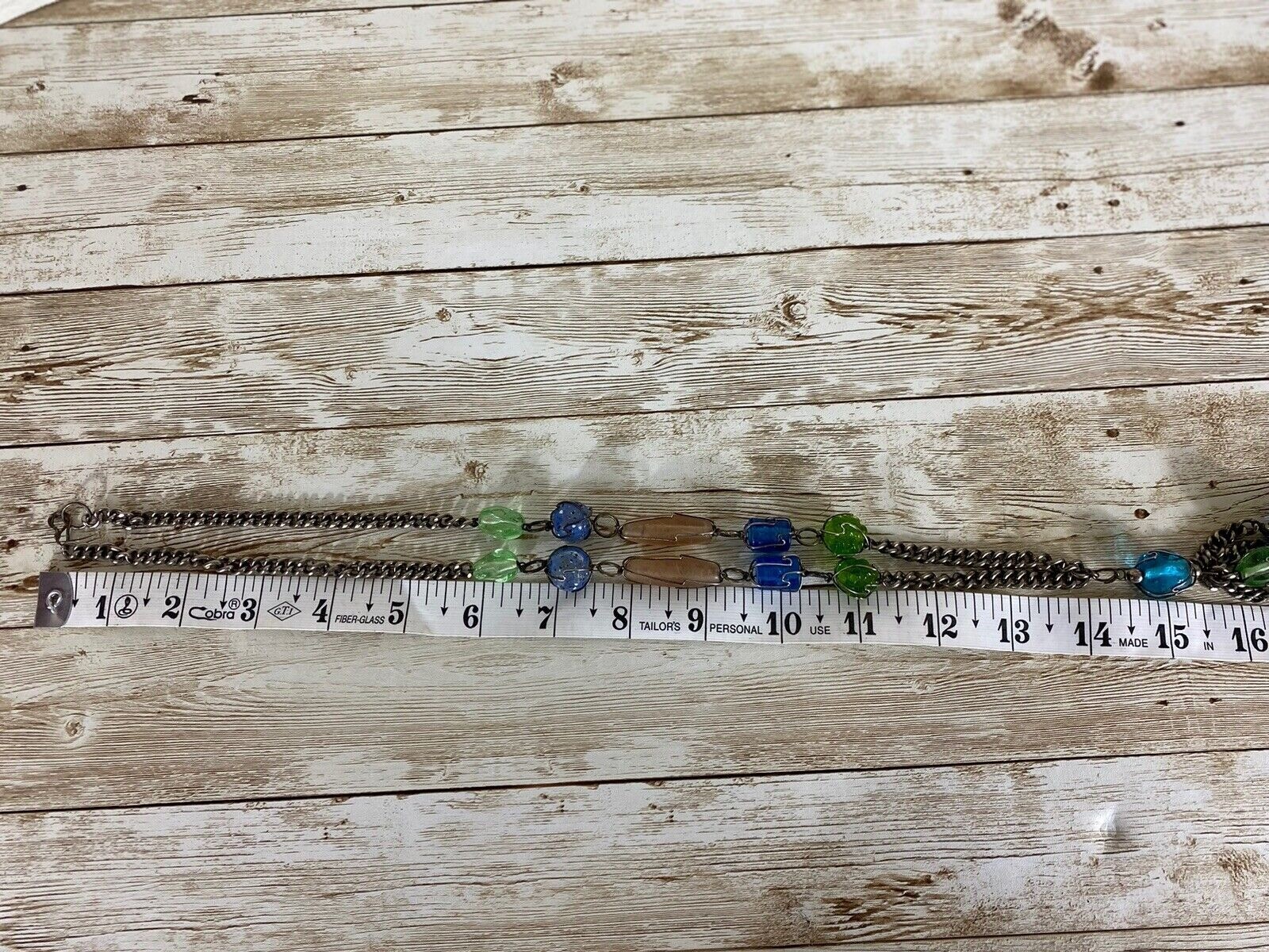 VTG Wire Wrapped Cage Glass Bead Silver Tone Necklace Pastels Pink Green Blue