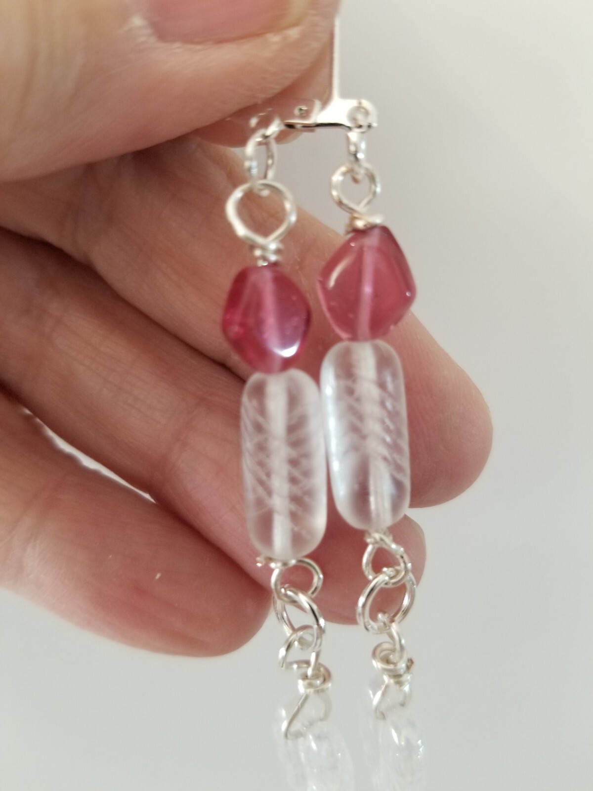 Carved frosted quartz lozenge an leaf 80 yrs. beads Japan fushia drop earrings