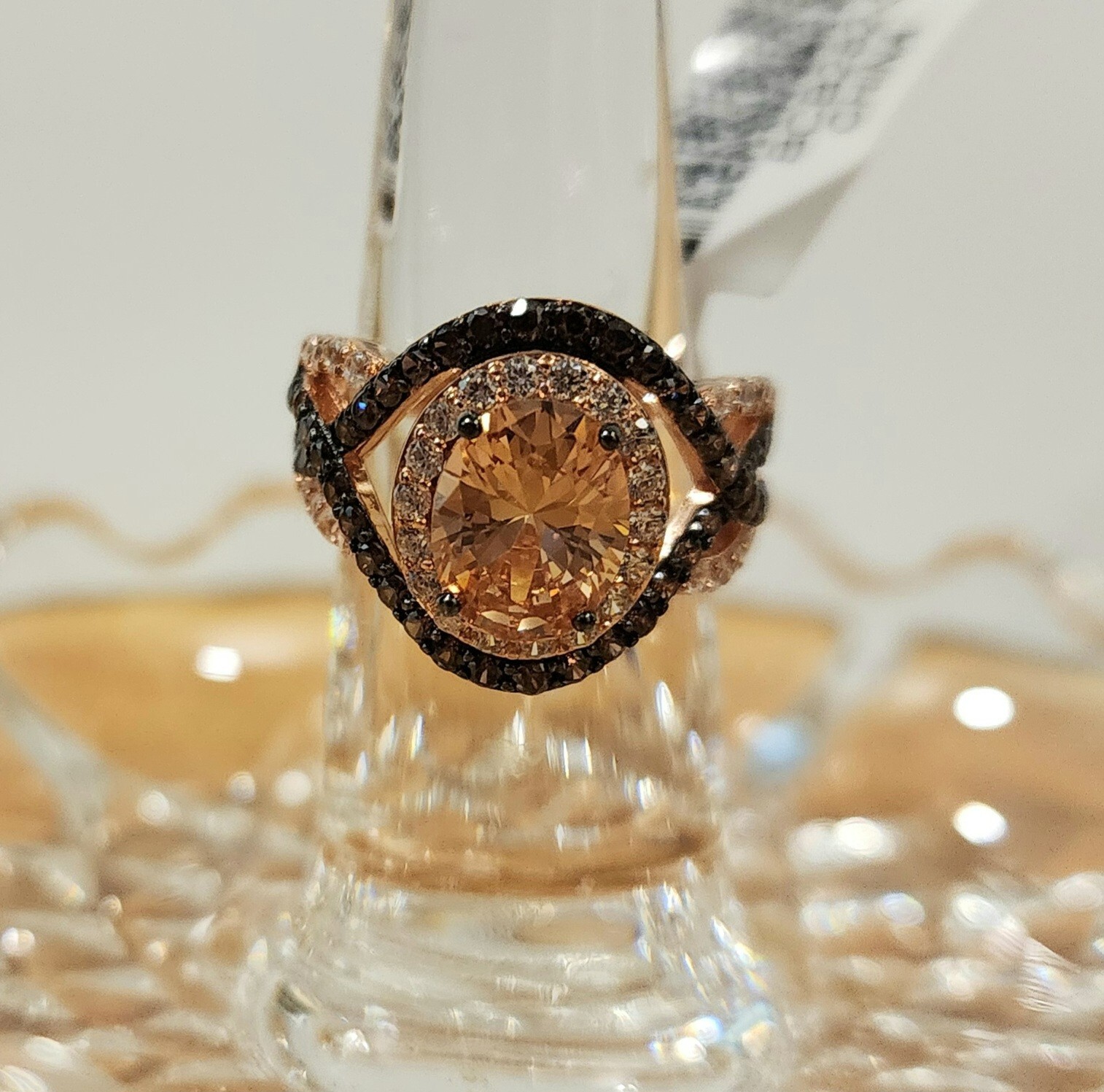 Champagne Brown & White Cubic Zirconia 18k Rose Gold, Sterling Silver Ring, Sz 5
