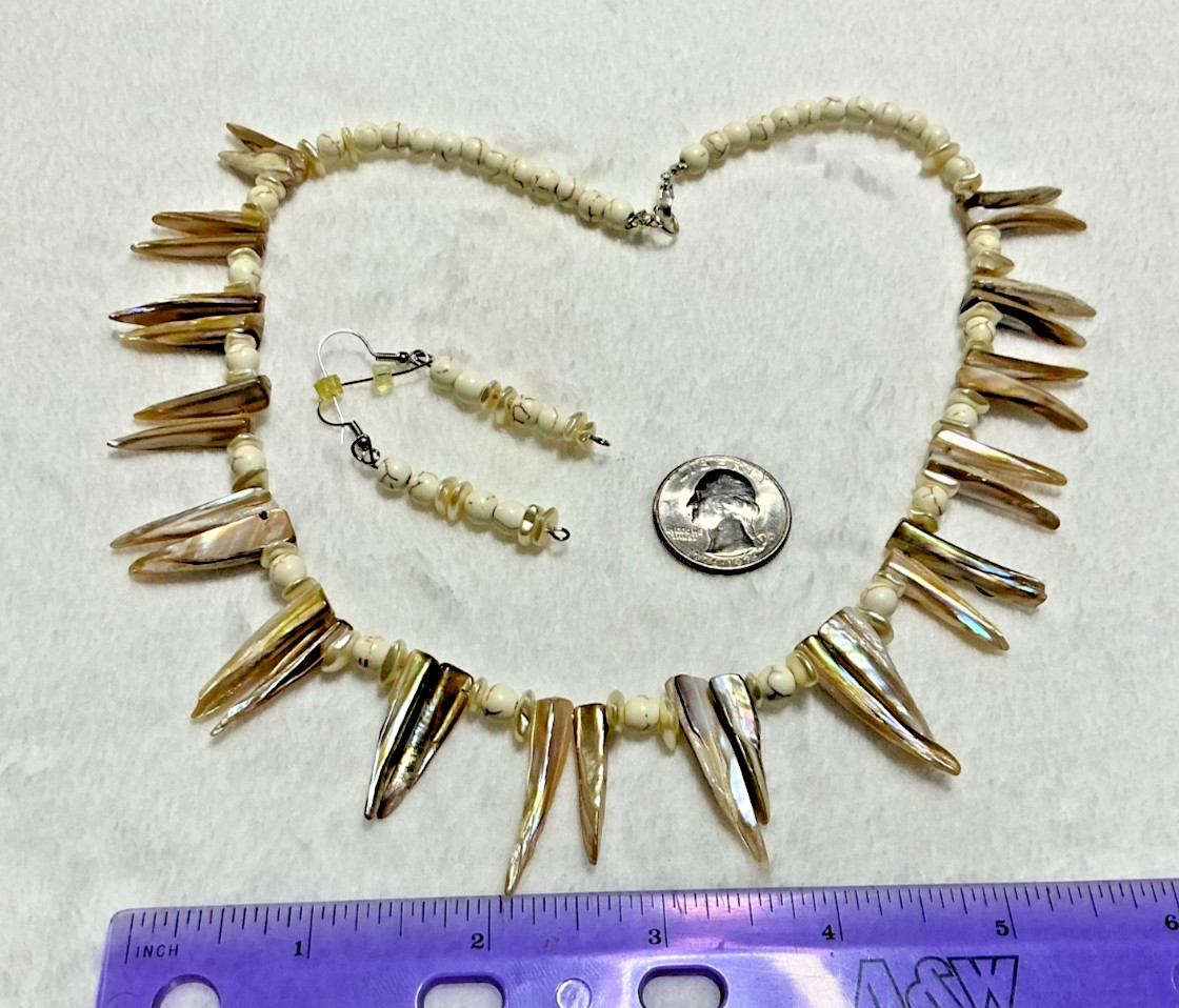 Vintage Handmade Abalone Shell Spikes Beaded Necklace Earring Set