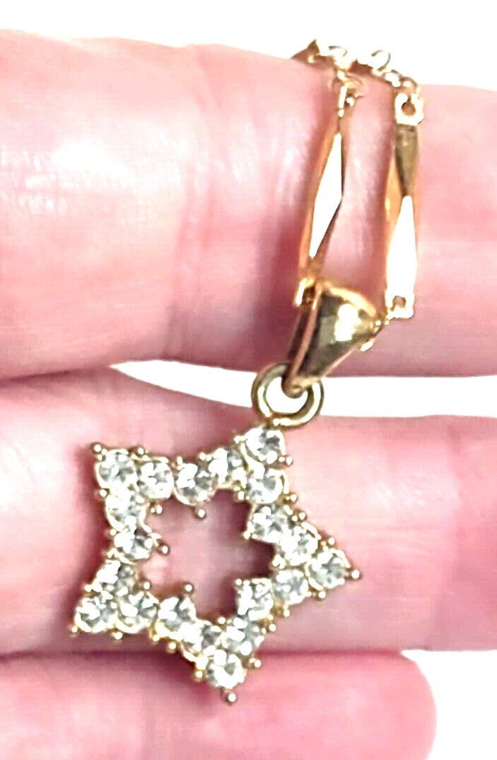 VTG 3/4″ Star Necklace 18″ Crystal Clear Rhinestones Gold Tone Metal Unmarked