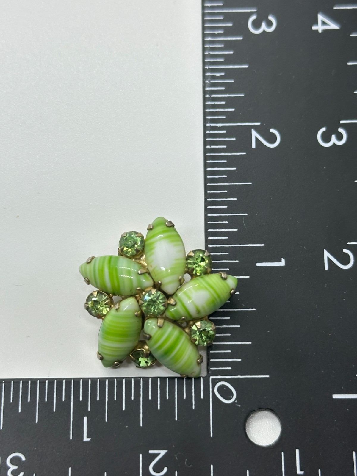 Vintage Green Striped Navette Glass Rhinestone Clip On Earrings Floral Cluster