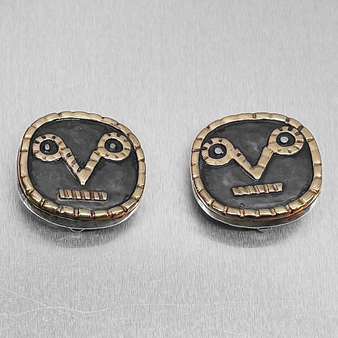 FAB Vtg Signed DIAN MALOUF MODERNIST FACE Mask Clip Earrings Sterling 14K Gold