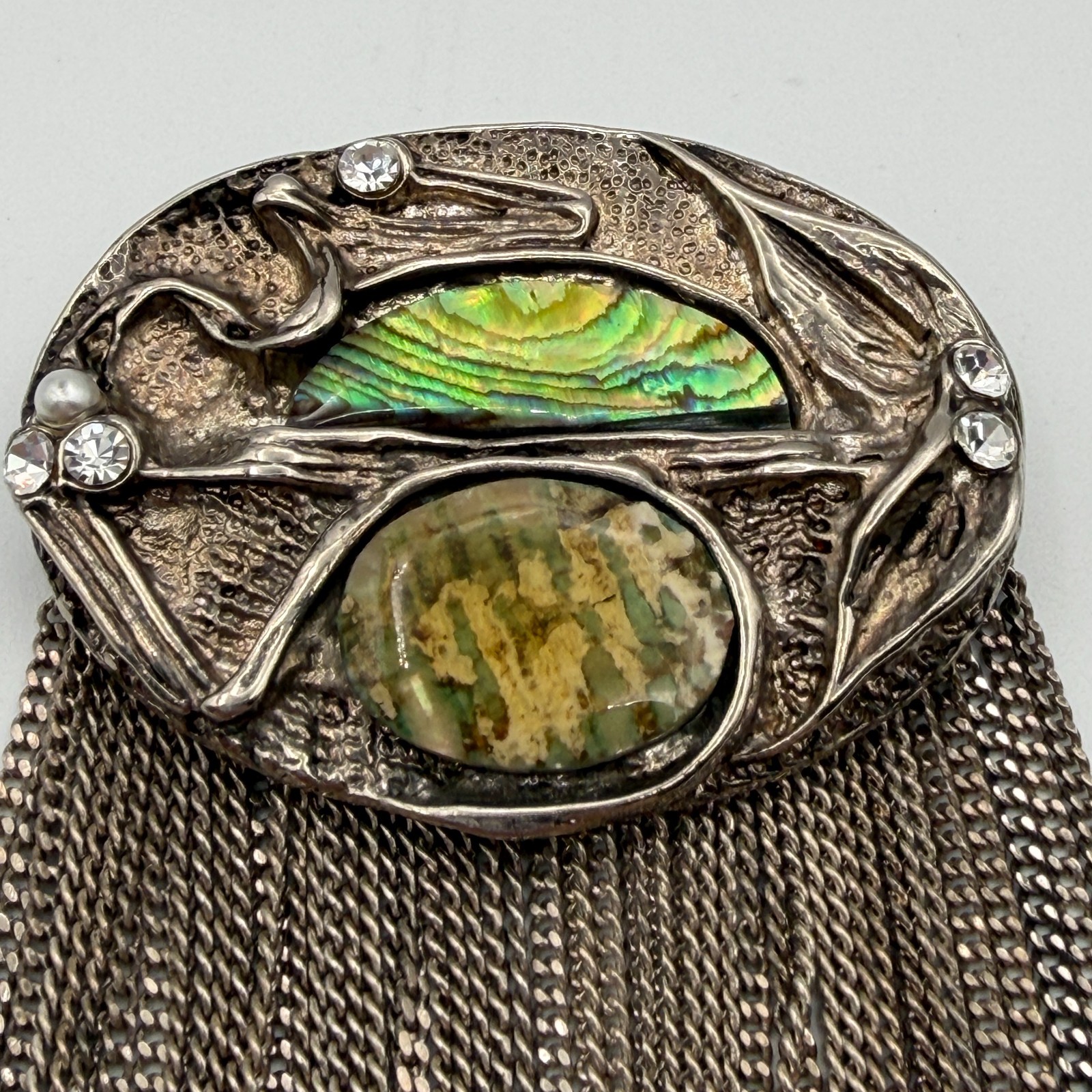 Vintage Modernist Art Nouveau Abalone Shell Waterfall Brooch Pin Fringe Chain