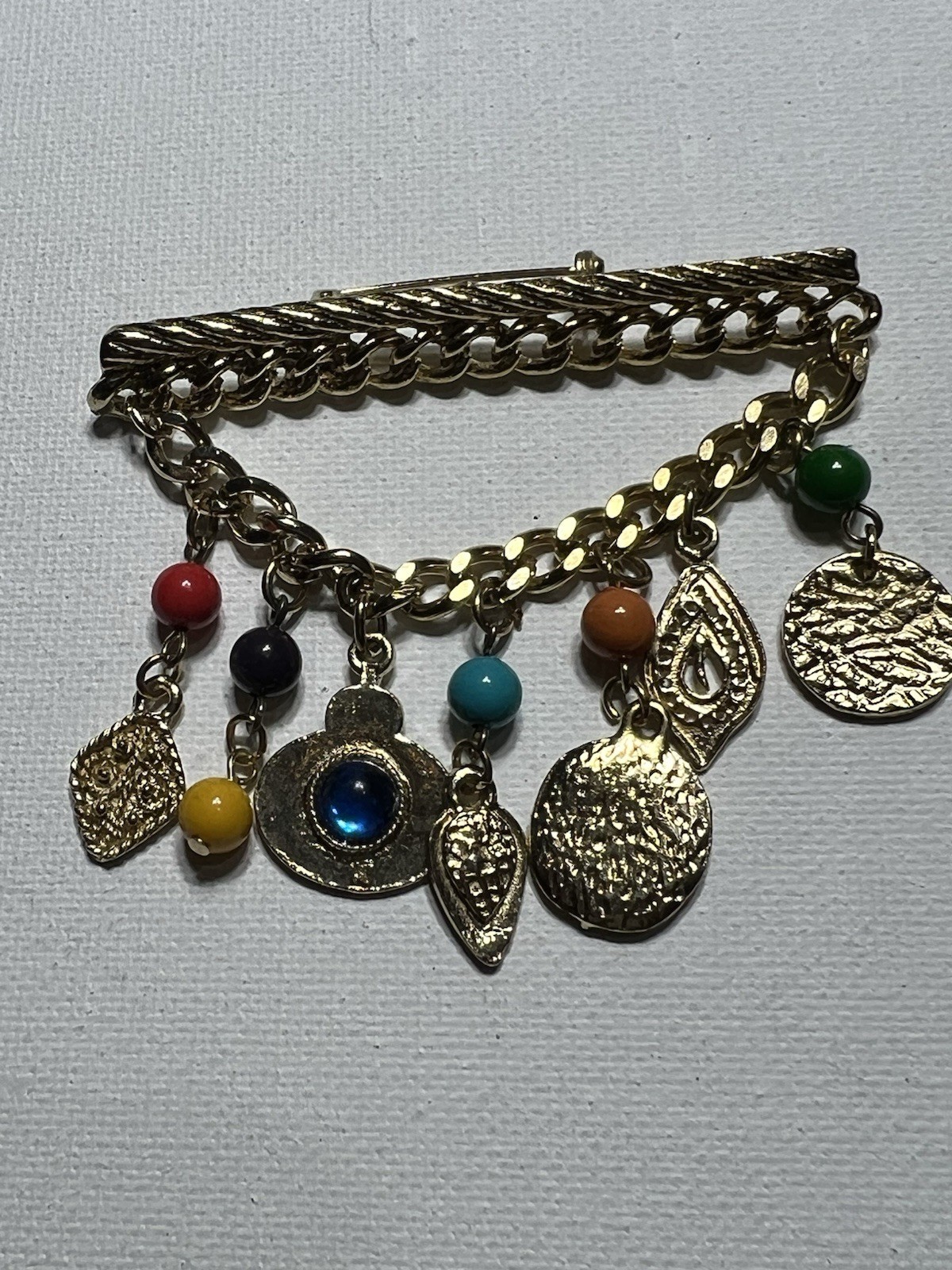 Dangle Bar Brooch Pin Gold Tone Assorted Gemstone charms Retro Vintage beaded
