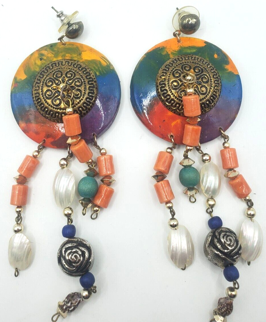 Vintage Pierced Earrings Wood an Copper tone Multi Beads One White Missing