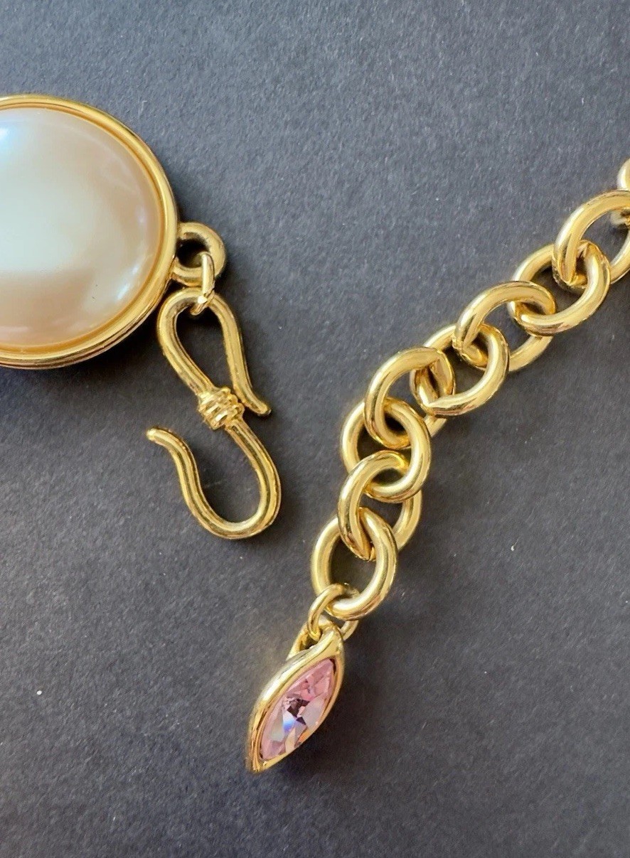 Vintage Monet Runway Necklace Faux Pearls Pink Crystal Gold Tone Statement