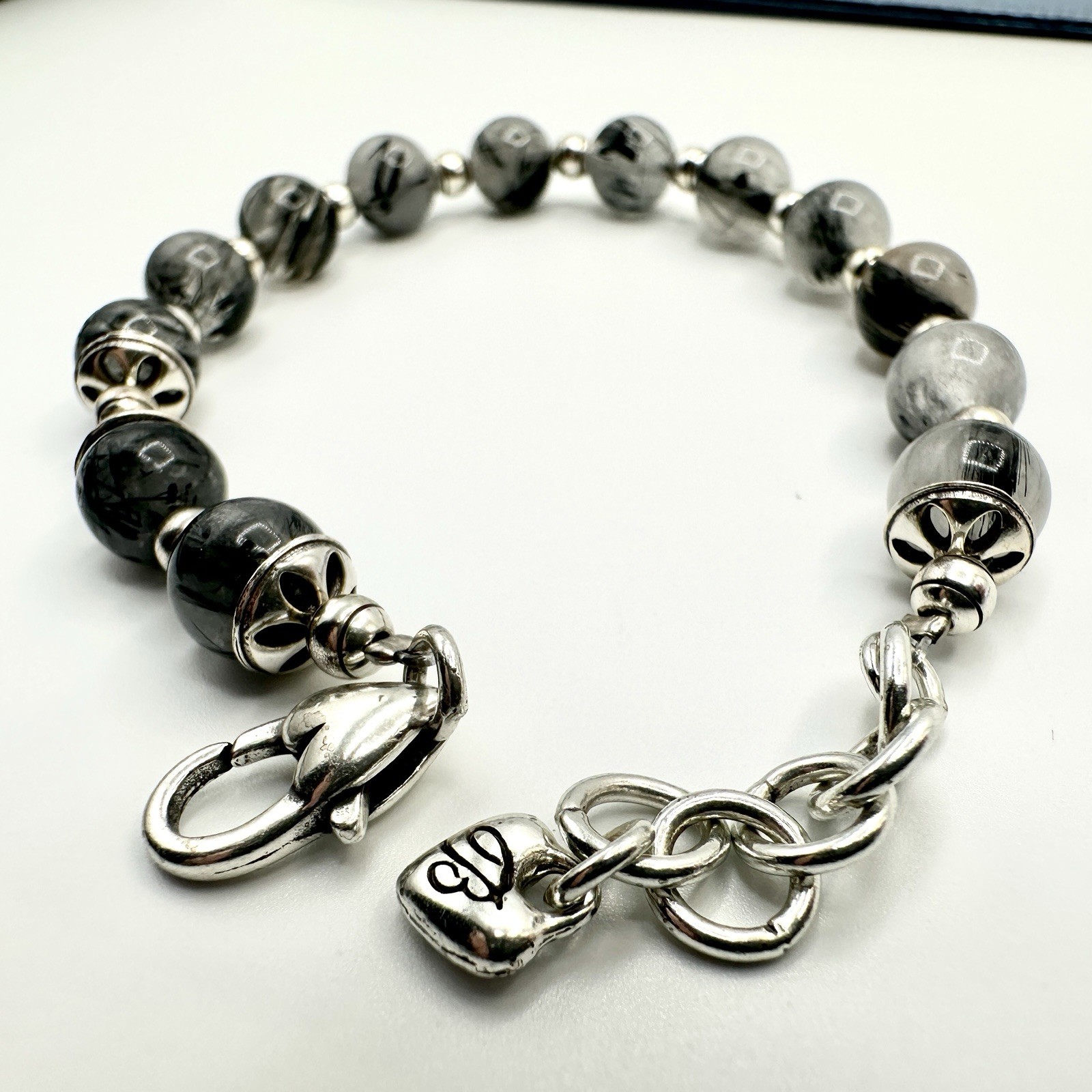 Vintage BRIGHTON Black Rutilated Quartz Beaded Bracelet Gray Marbled Silver Tone