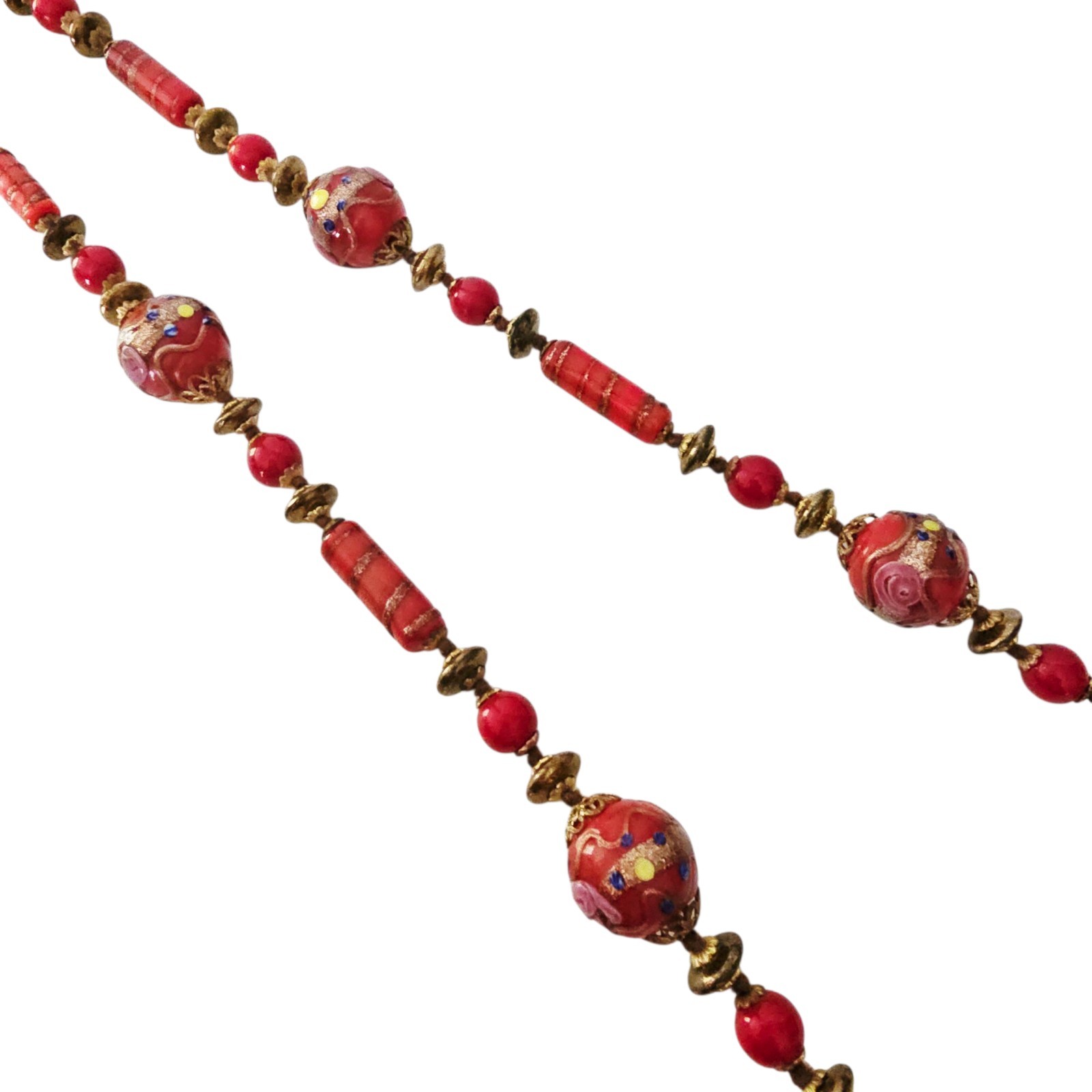 Venetian Murano Red Copper Wedding Cake Bead Necklace Hand Knot Vintage 30”