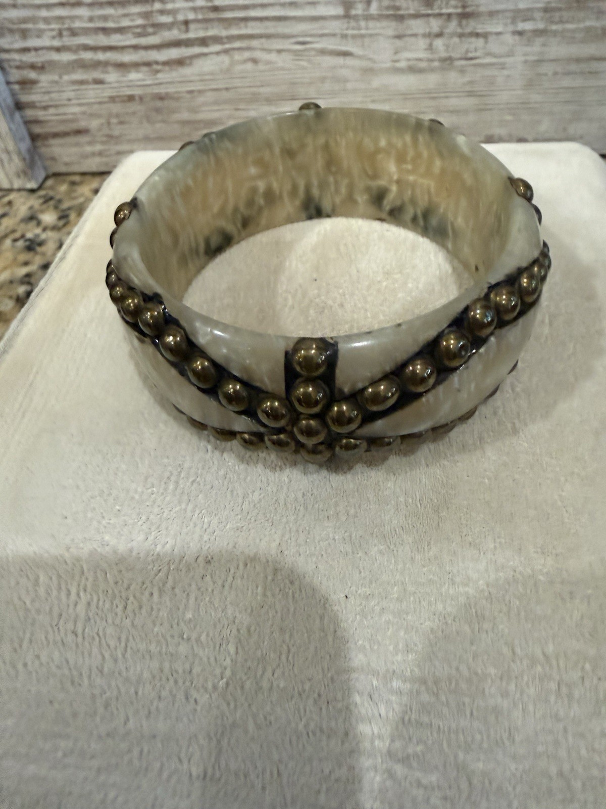 Off White Marbled Bracelet Brass Studded Bangle Boho Vintage 7.5”