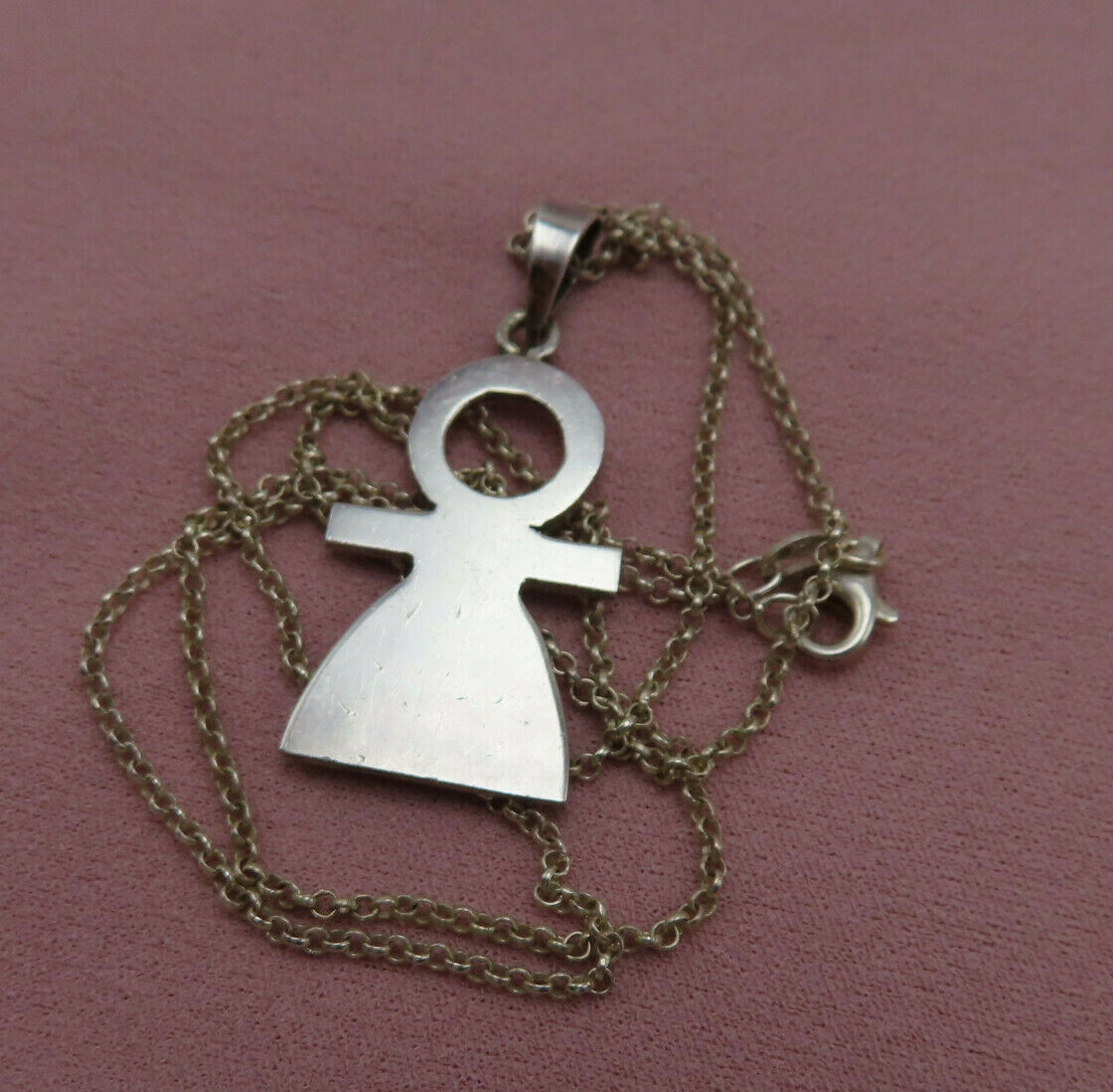 Vintage Sterling Silver Necklace Person Pendant 20 inch Chain Modernist 515a