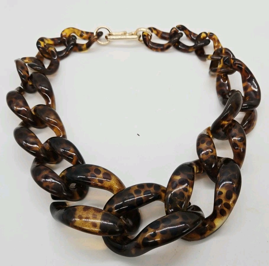 Faux TORTOISE SHELL Necklace WIDE Lucite Acrylic Chain Link Rings Graduated 23″