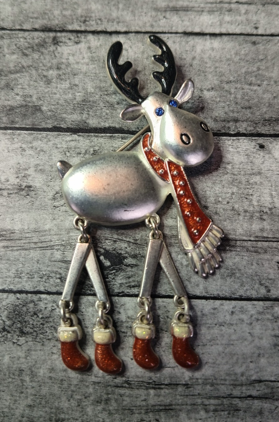 Vintage Leg Dangling Sparkling Enamel Pewter Tone Christmas Reindeer Pin Brooch