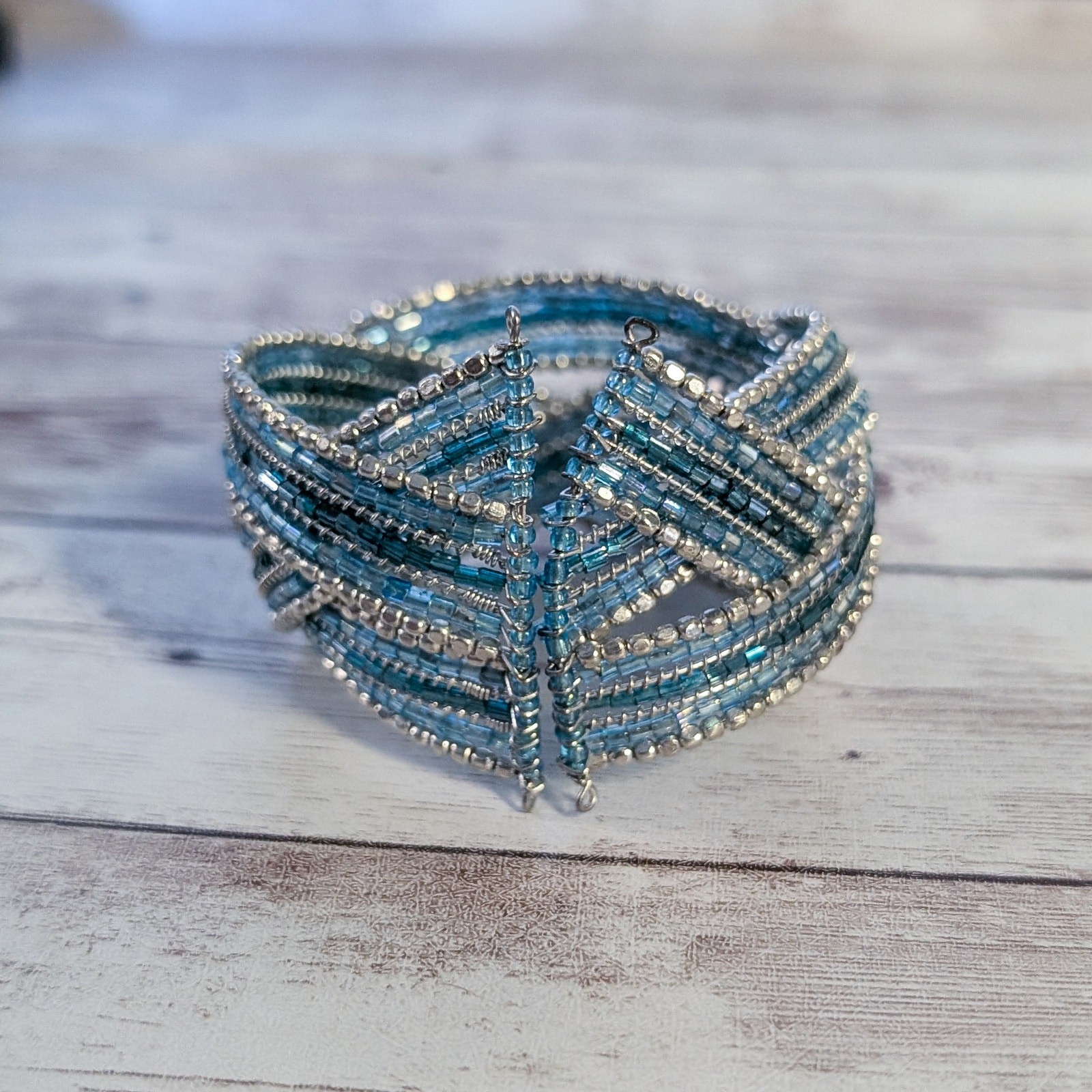 Vintage Bracelet Wide Blue & Silver Tones