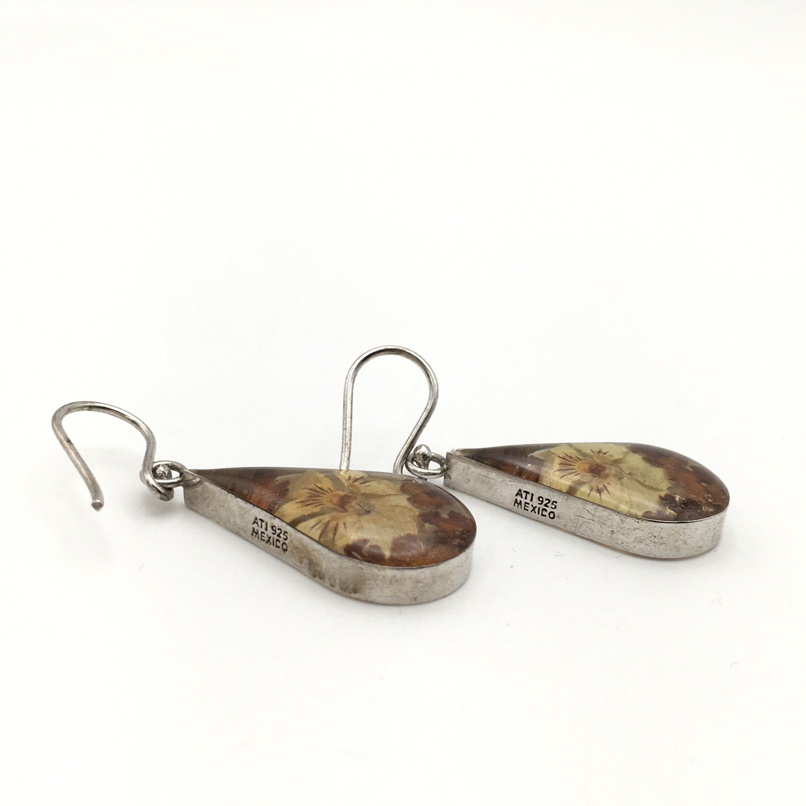Sterling Silver ATI Dried Flower Resin Teardrop Dangle Earrings 925 Mex 4.5g #61