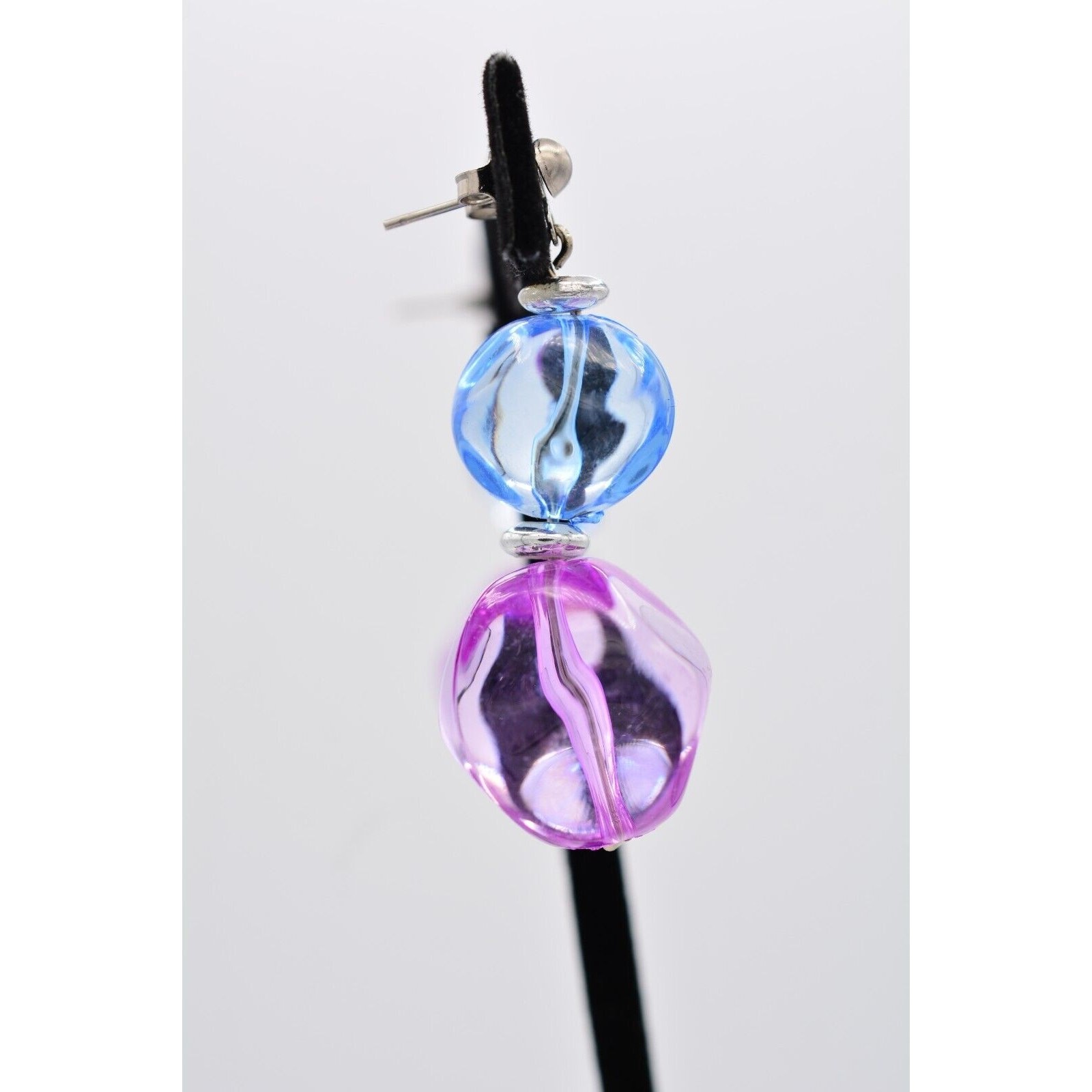 Vintage Lucite Beaded Dangle Earrings Blue Juicy Pink Drop Chunky Bright 80s W1