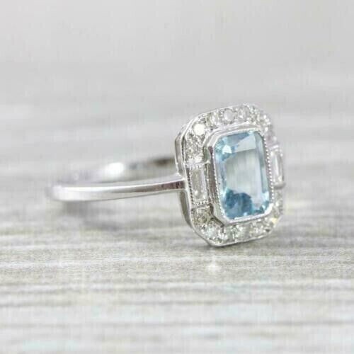 Antique Style 4.50Ct Aquamarine & Lab-Created Diamond Halo Ring Solid 925 Silver