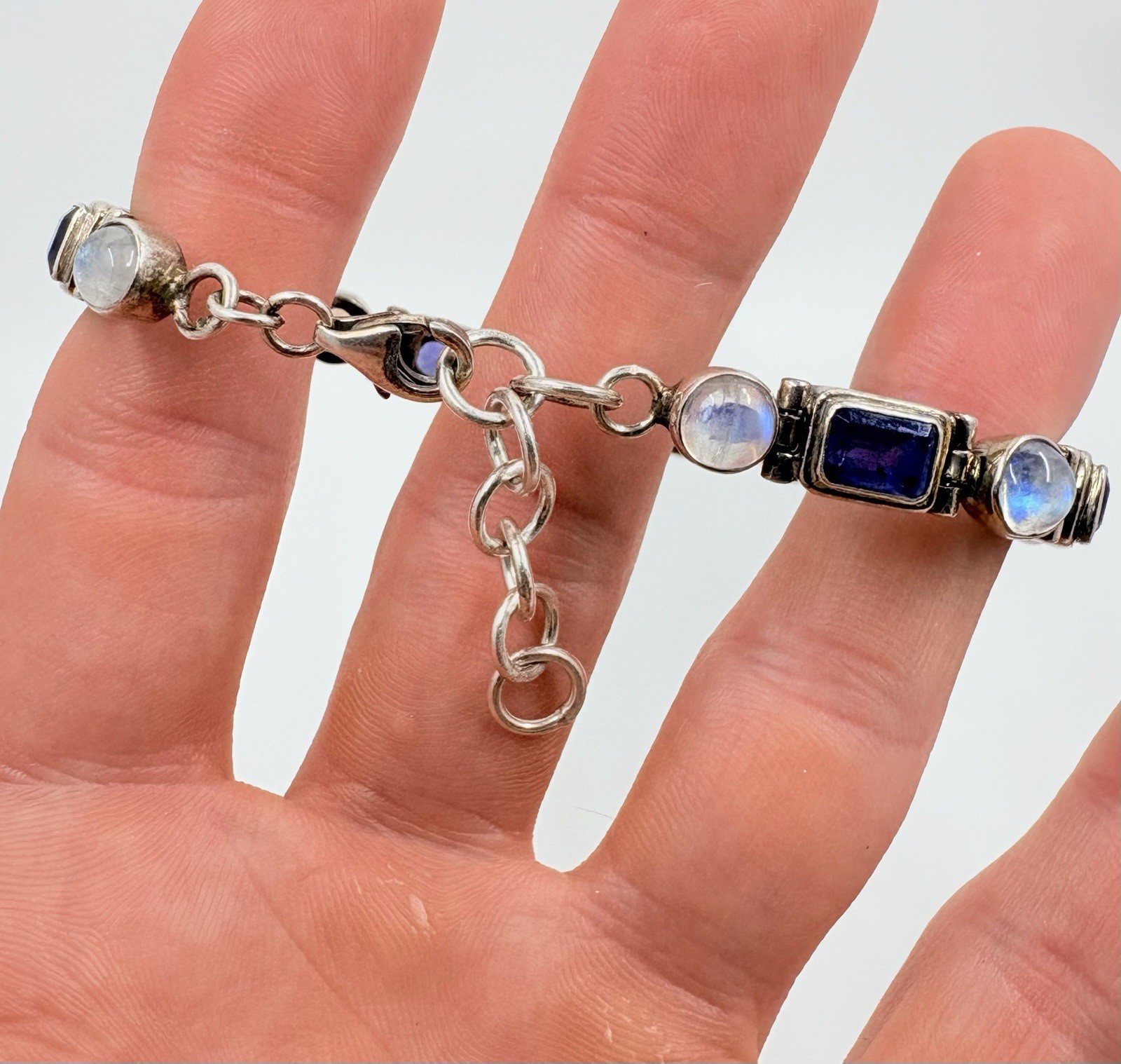 Vintage Iolite & Moonstone Bracelet Sterling Silver Adjustable Length 21.1 Grams