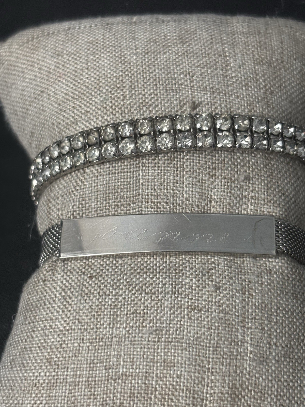 Vintage Bracelet Set Mesh ID Bucket Rhinestone Silver Tone Safety Clasp