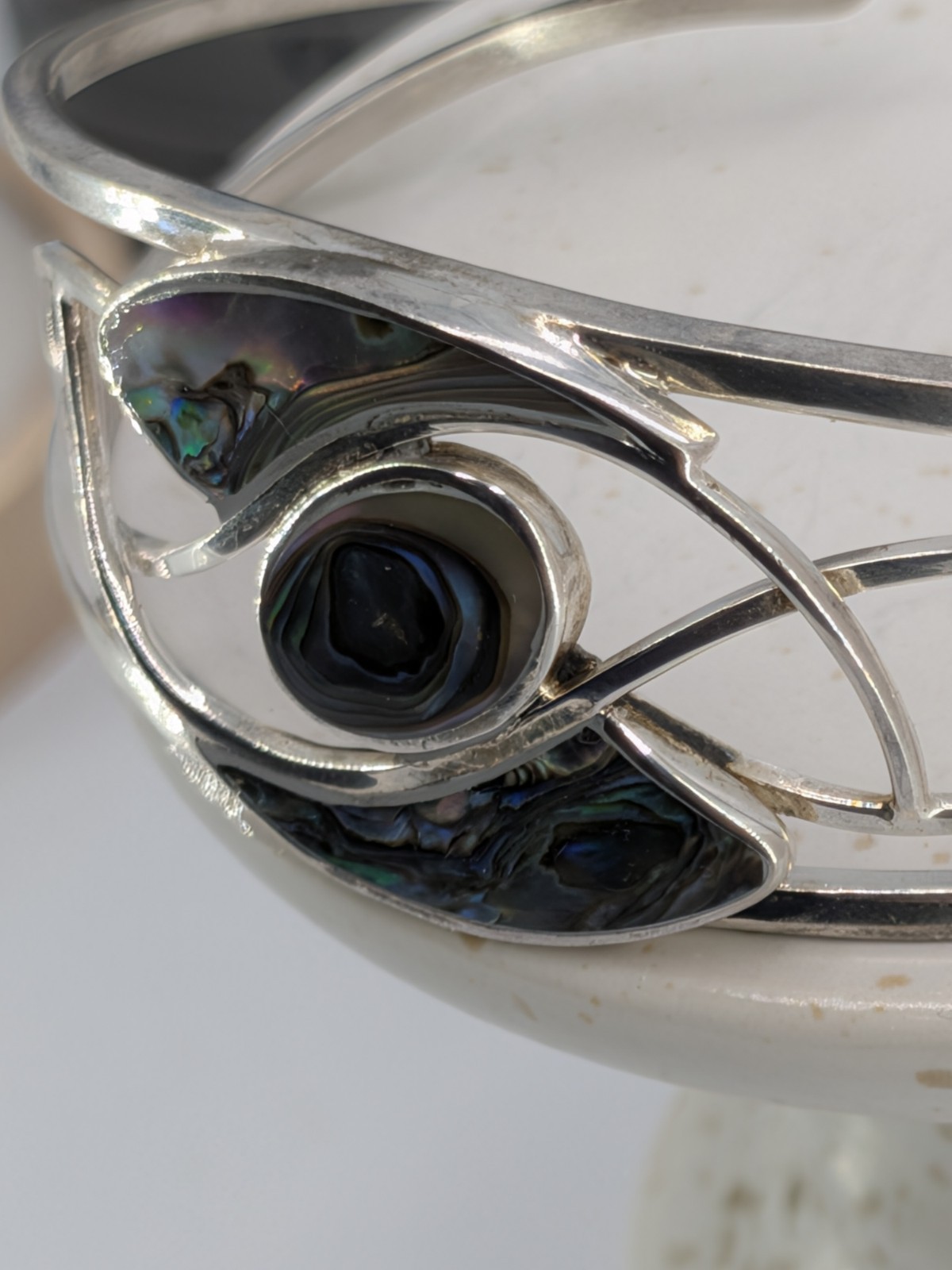 Vintage Abalone Shell Cuff Bracelet Silver Tone Openwork Swirl Small 6.5in Fit