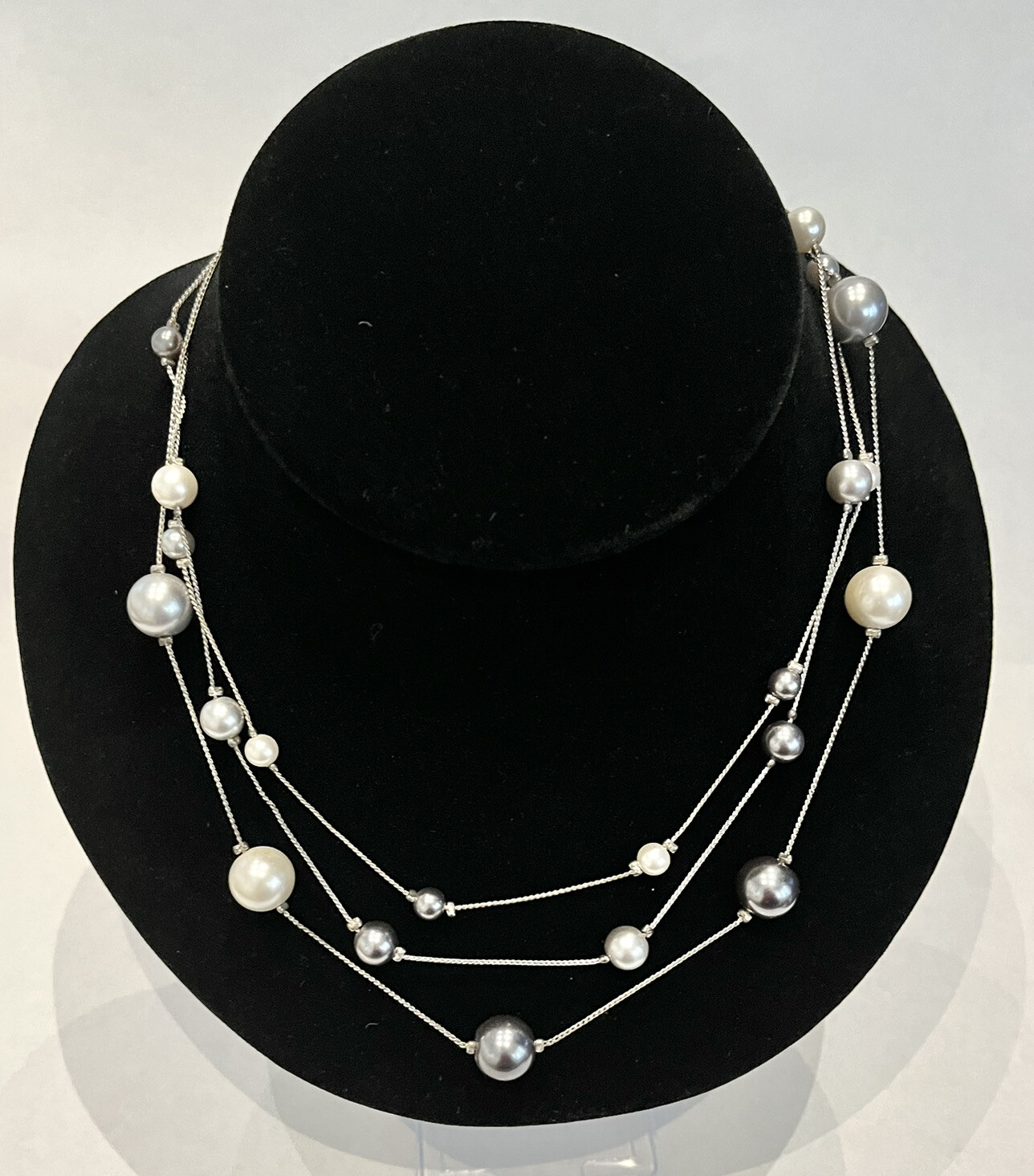 RMN Silver Tone Faux Pearl And Gray Beaded Three Strand Necklace 20 in.
