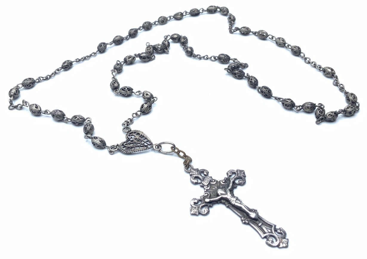 Vintage Chapel Sterling Silver CATHOLIC Jesus Cross Crucifix 20” Necklace Rosary