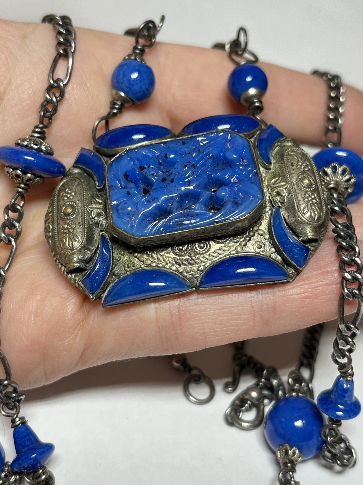 Deco Egyptian Revival Cech Style Stone Bead Blue Station Pendant Necklace RR1520