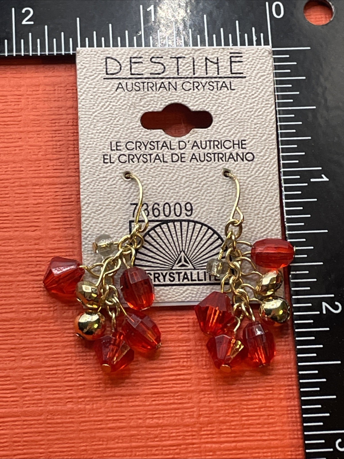 Earrings Austrian Crystal Red Acrylic Gemstones Gold Tone Hook Dangle Jewelry
