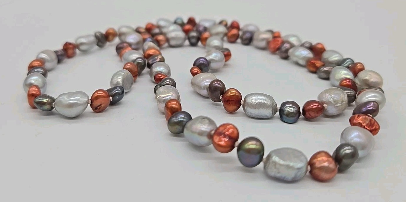 Vintage Multi Color Baroque Pearl Iridescent Shiny Statement Necklace Long 28”