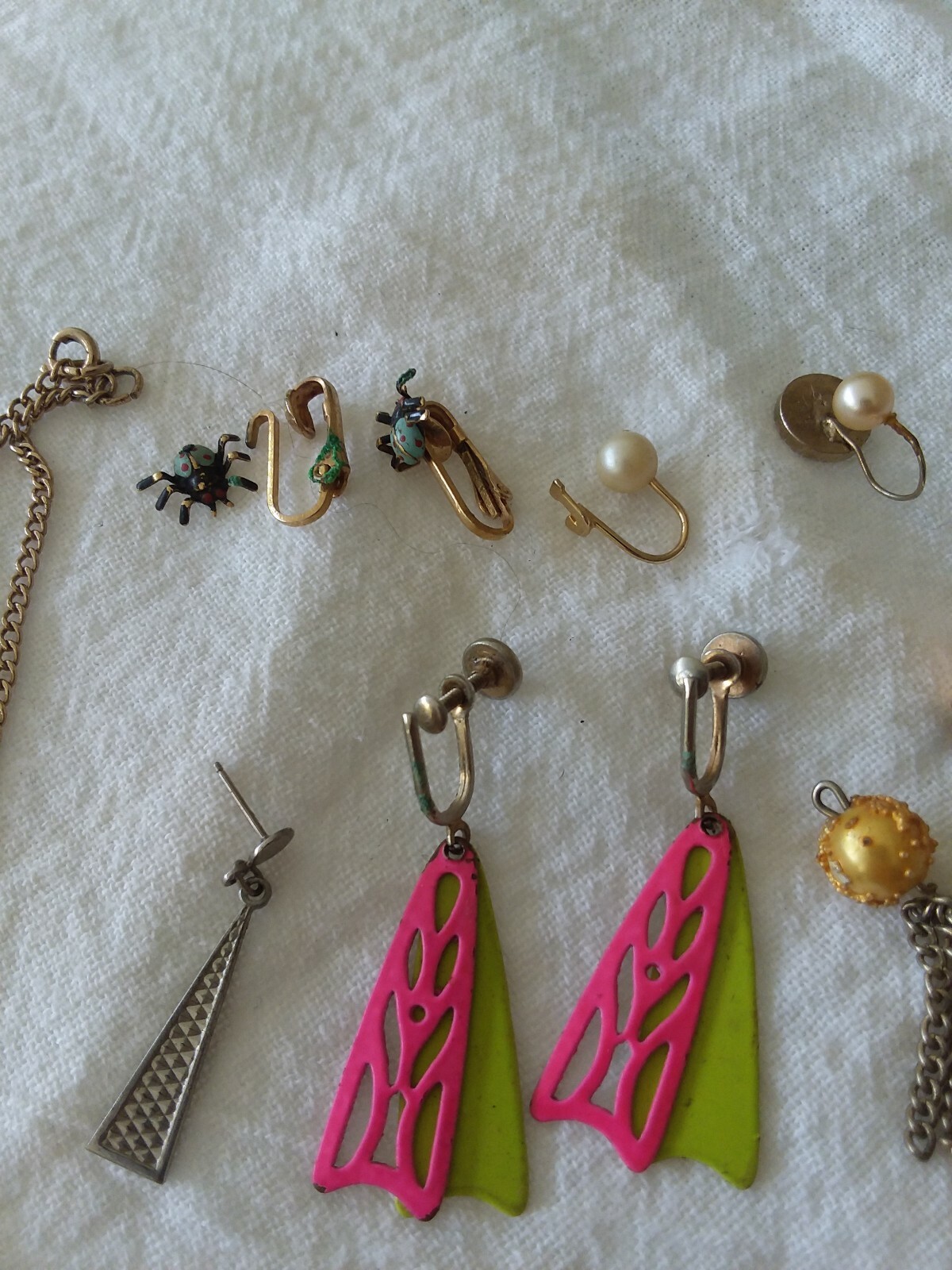 Vintage 60s-80s Earrings florescent pink&yellow/spiders/J/bird/heart bracelet