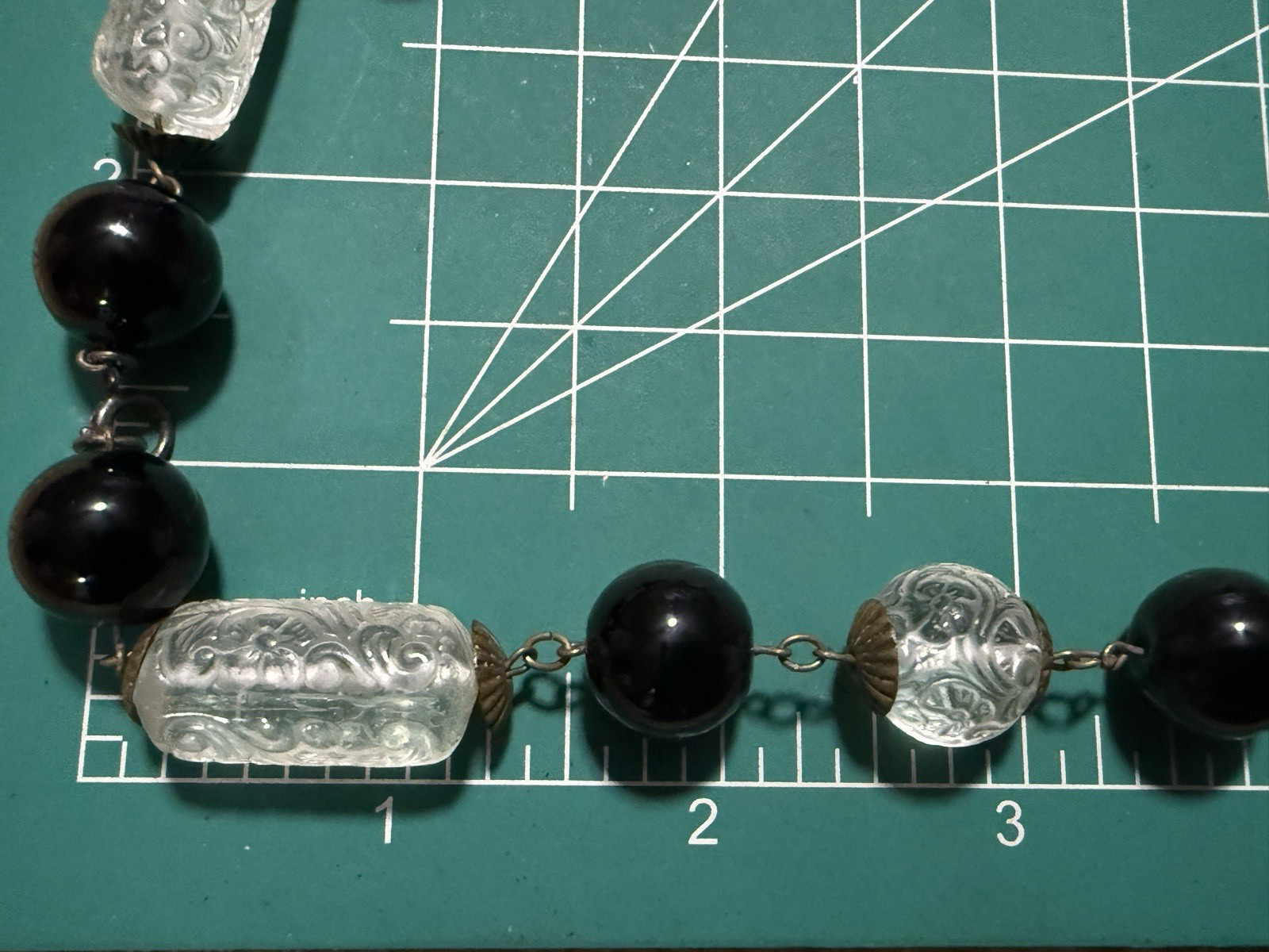 Vtg Molded Pressed Glass Bead Necklace Embossed Floral Art Deco Black Clear