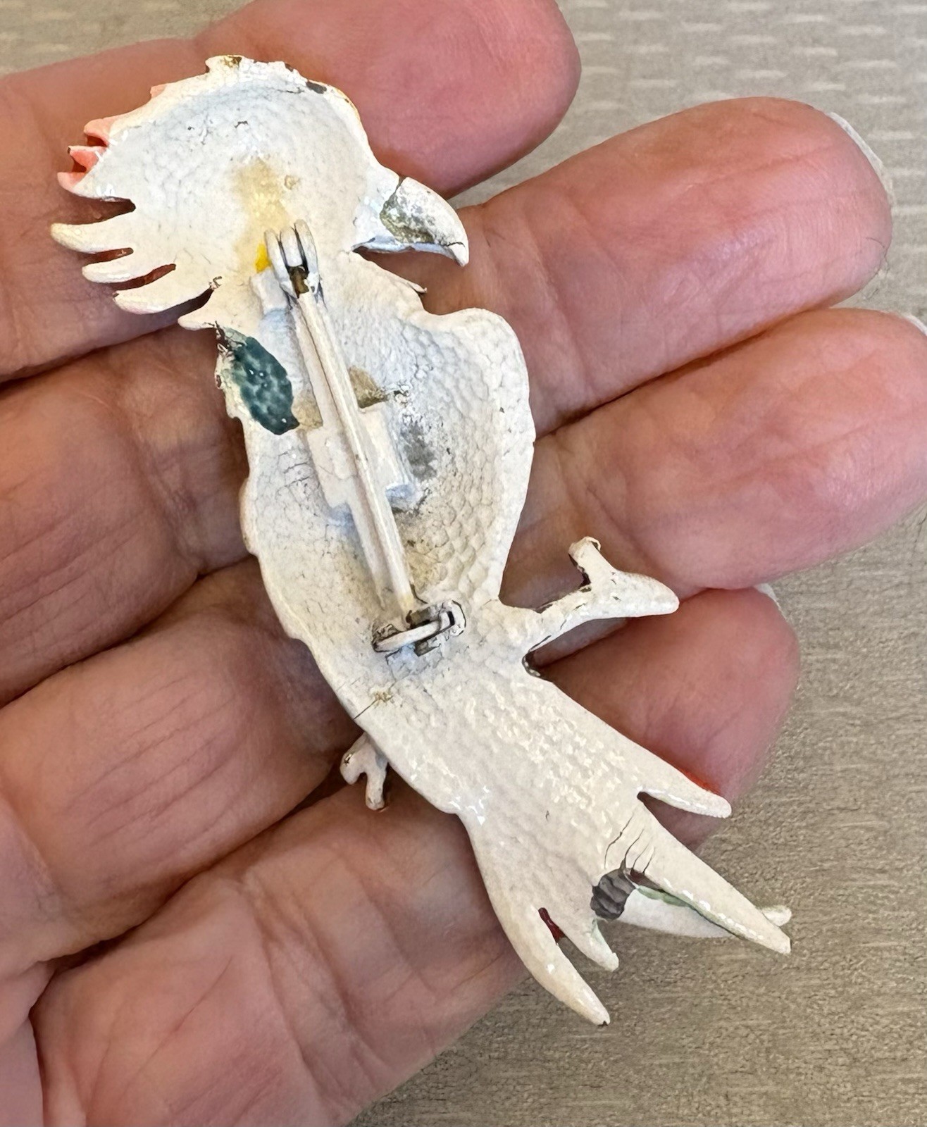 Vintage Enamel Cockatoo Parrot Bird Brooch Colorful Amber Glass Cabochon Eye
